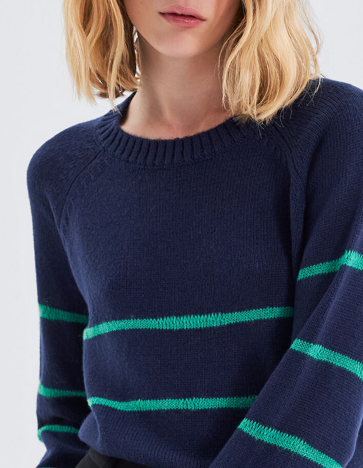 Pull marine tricot à rayures vertes Femme
