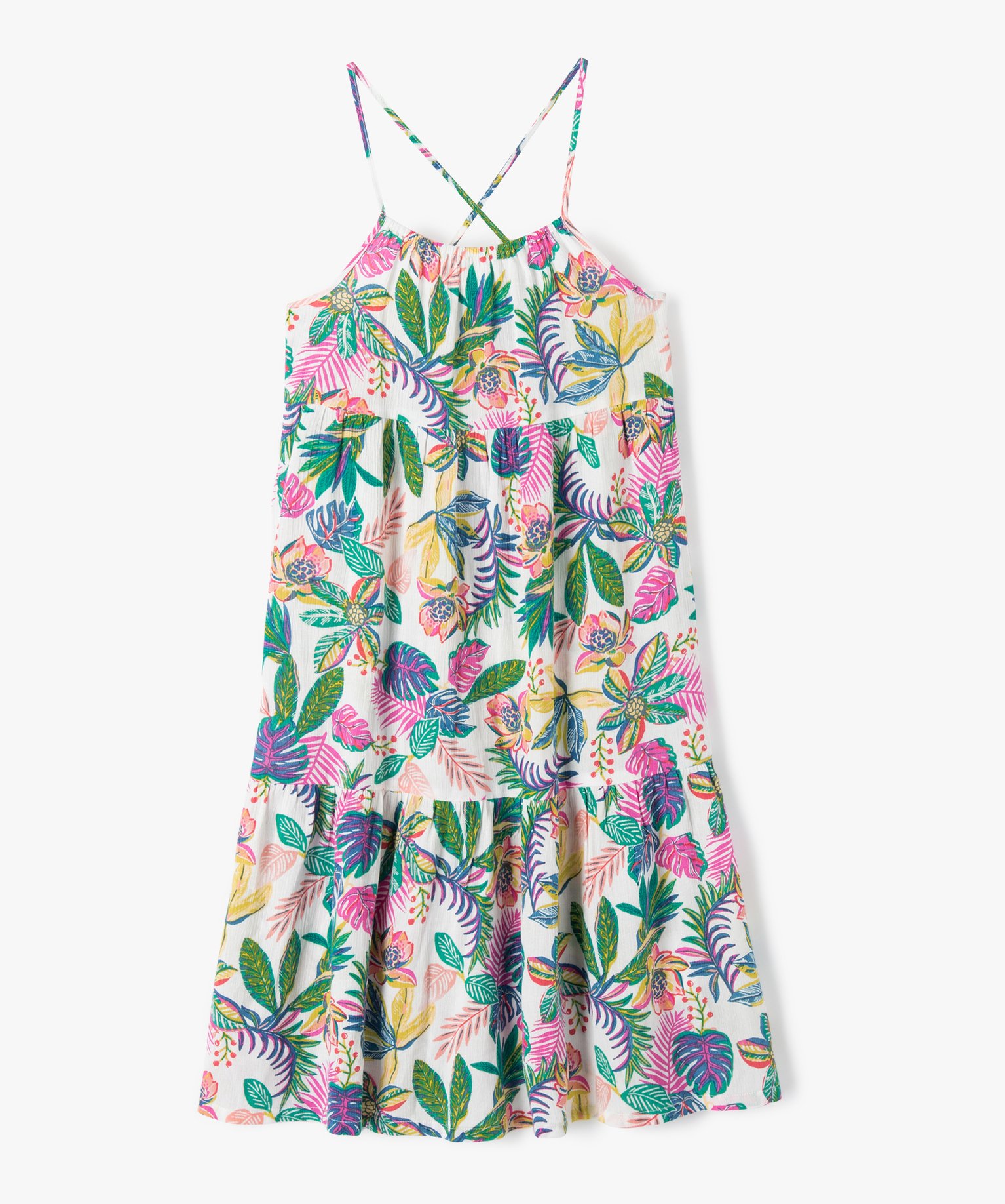 Robe fille à fines bretelles et motifs fleuris ecru | GEMO