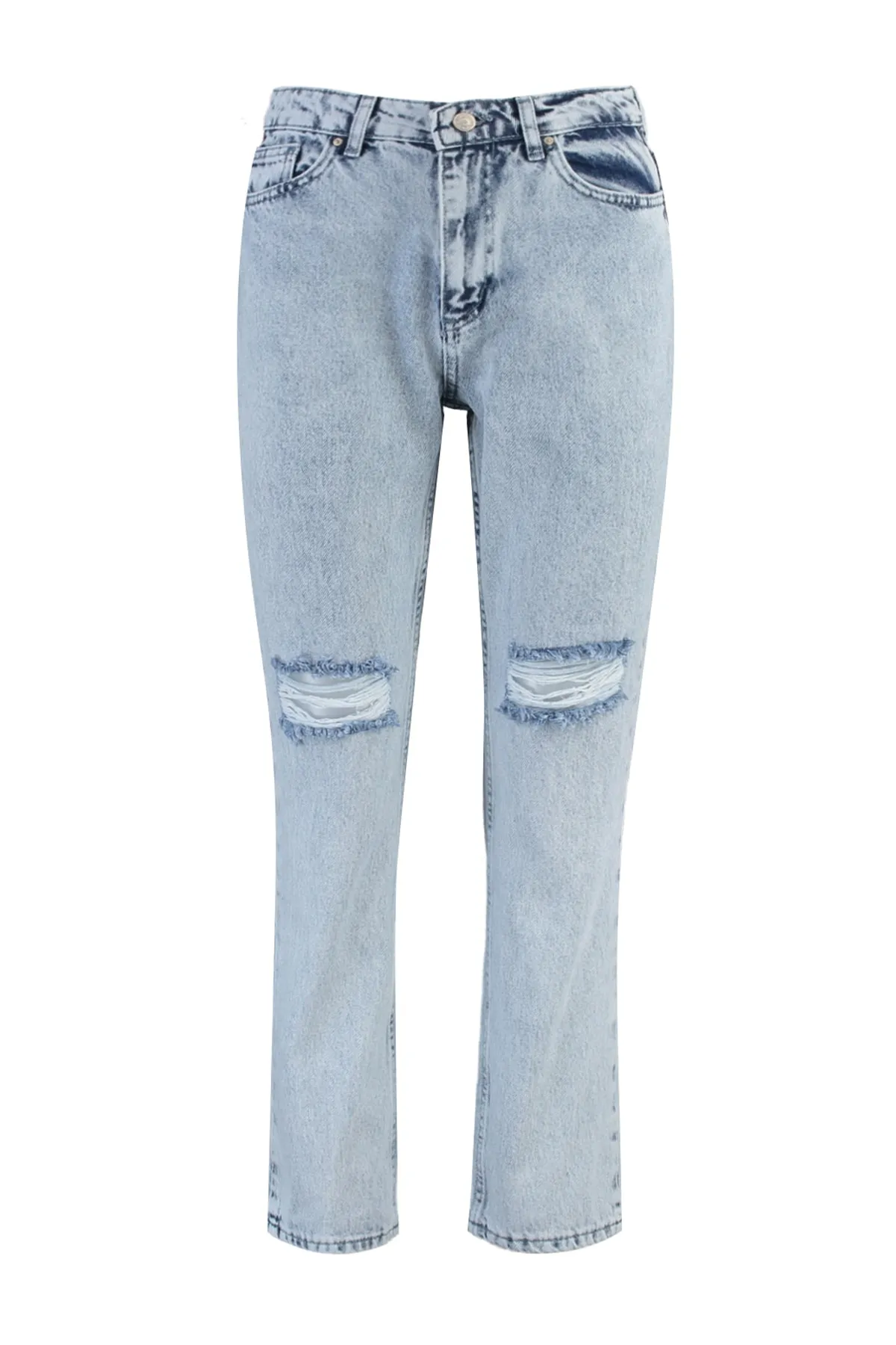 Trendyol Collection  Blaue zerrissene Jeans mit hoher Taille und geradem Bein TWOAW21JE0120