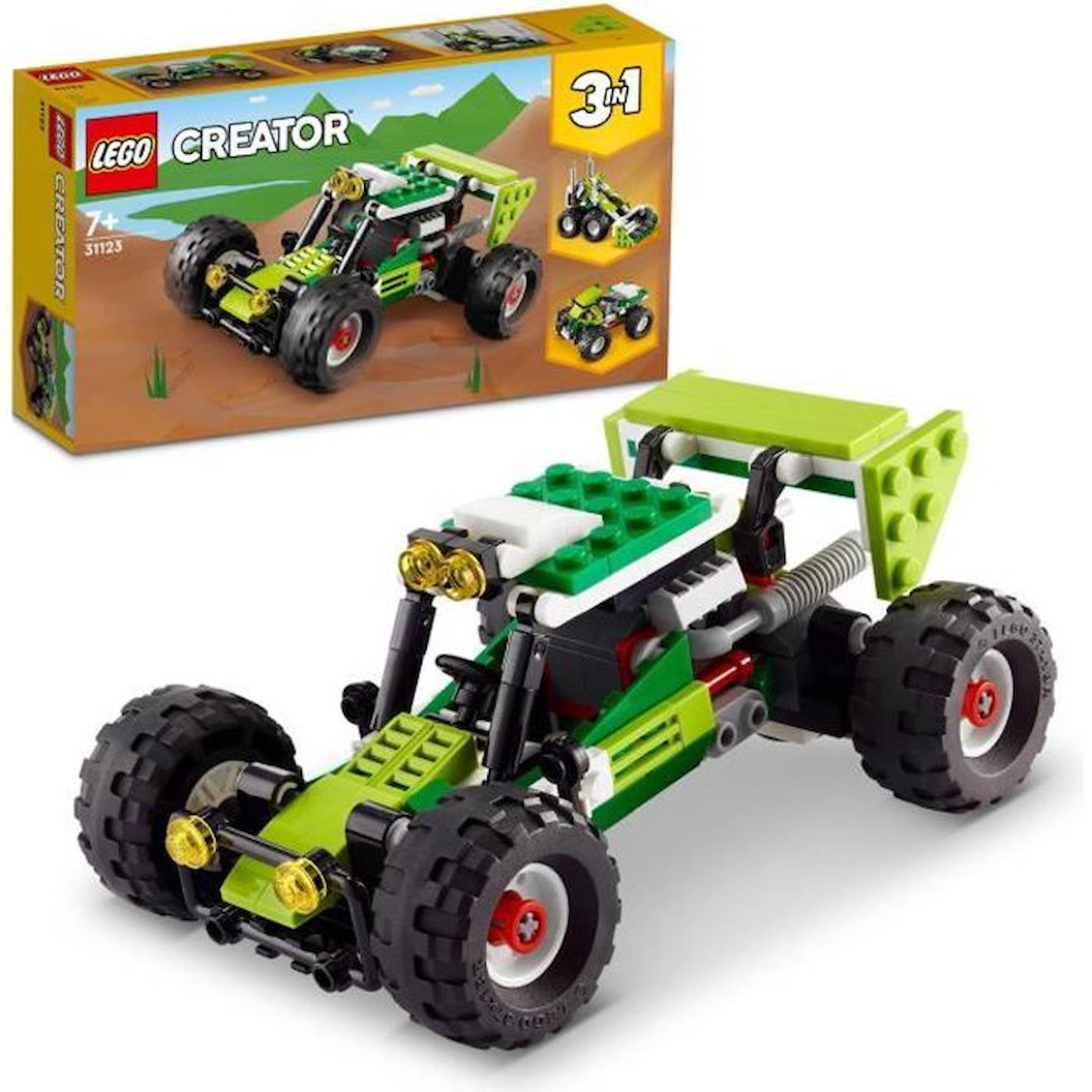 LEGO® 31123 Creator 3 en 1 Le Buggy Tout-Terrain, Chargeuse-Pelleteuse, VTT Jouet pour les Enfants, Ensemble de 3 Véhicules vert