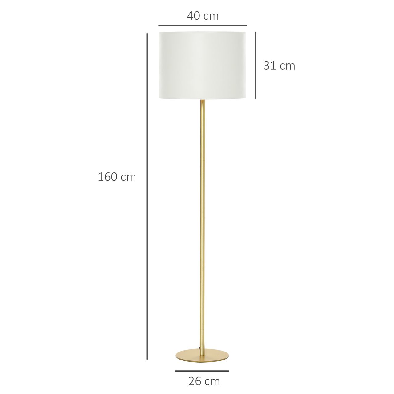 HOMCOM Stehlampe Stehleuchte für Wohnzimmer Schlafzimmer Büro, Weiß Metall, Poly Baumwolle, Ø40 x 160H cm