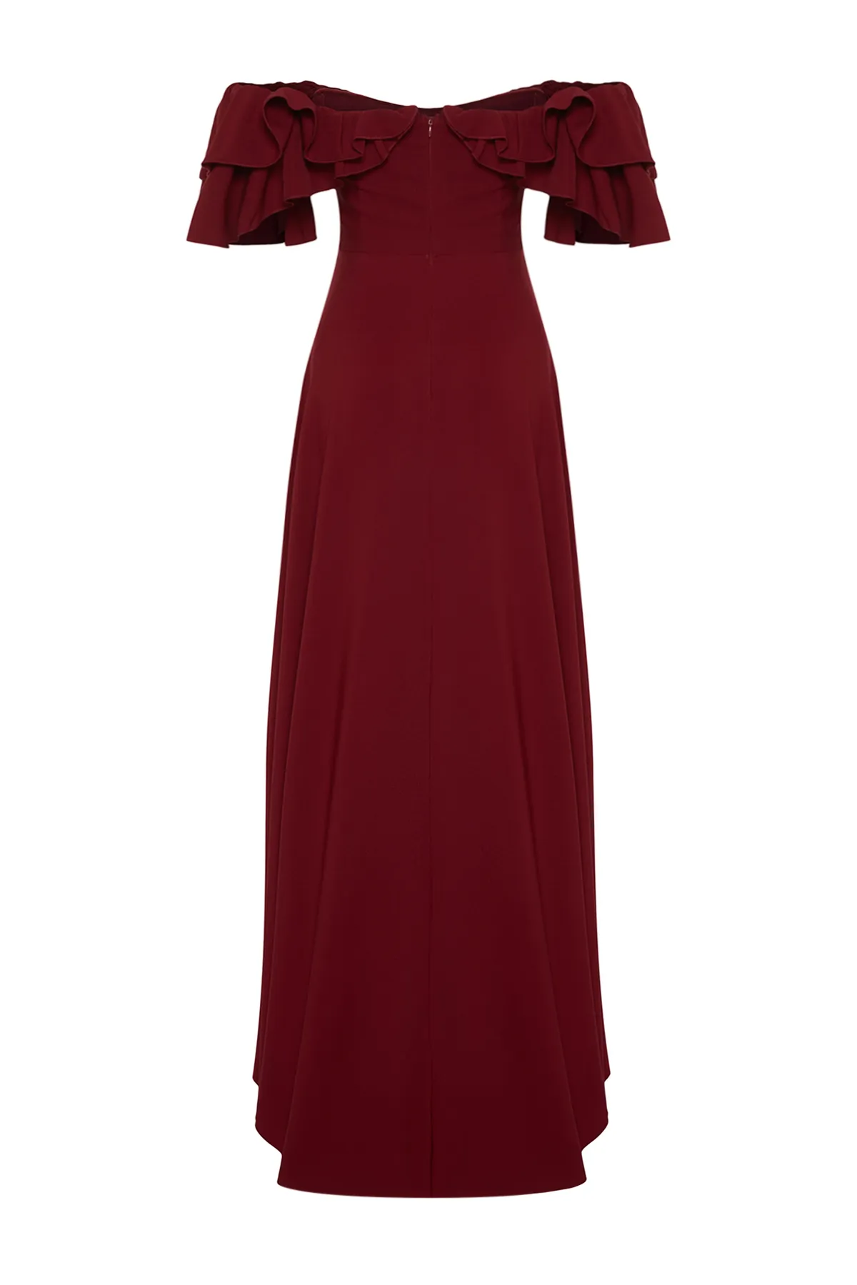 Trendyol Collection  Langes Abendkleid mit bordeauxroter Taillenöffnung/Skater-Webvolants TPRSS24AE00054