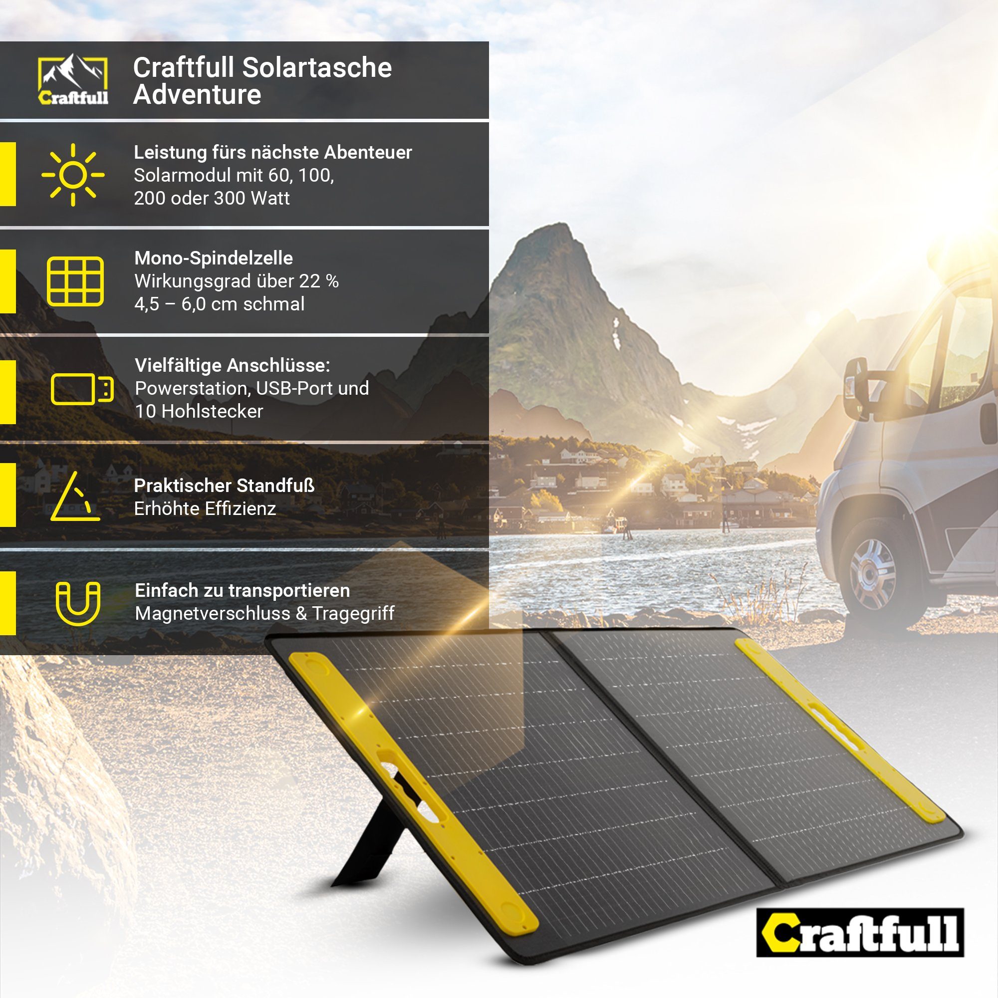Craftfull Solarmodul Solarpanel faltbar Adventure 60 100 200 300 Watt Solarpanel, 60,00 W, Mono-Schindelzellen, (2x USB-A 1x USB-C Anschluss, ≥ 22% höherer Wirkungsgrad, Integrierte Tasche für Zubehör, Ladekabel für Craftfull Powerstation, 1-St., Tra