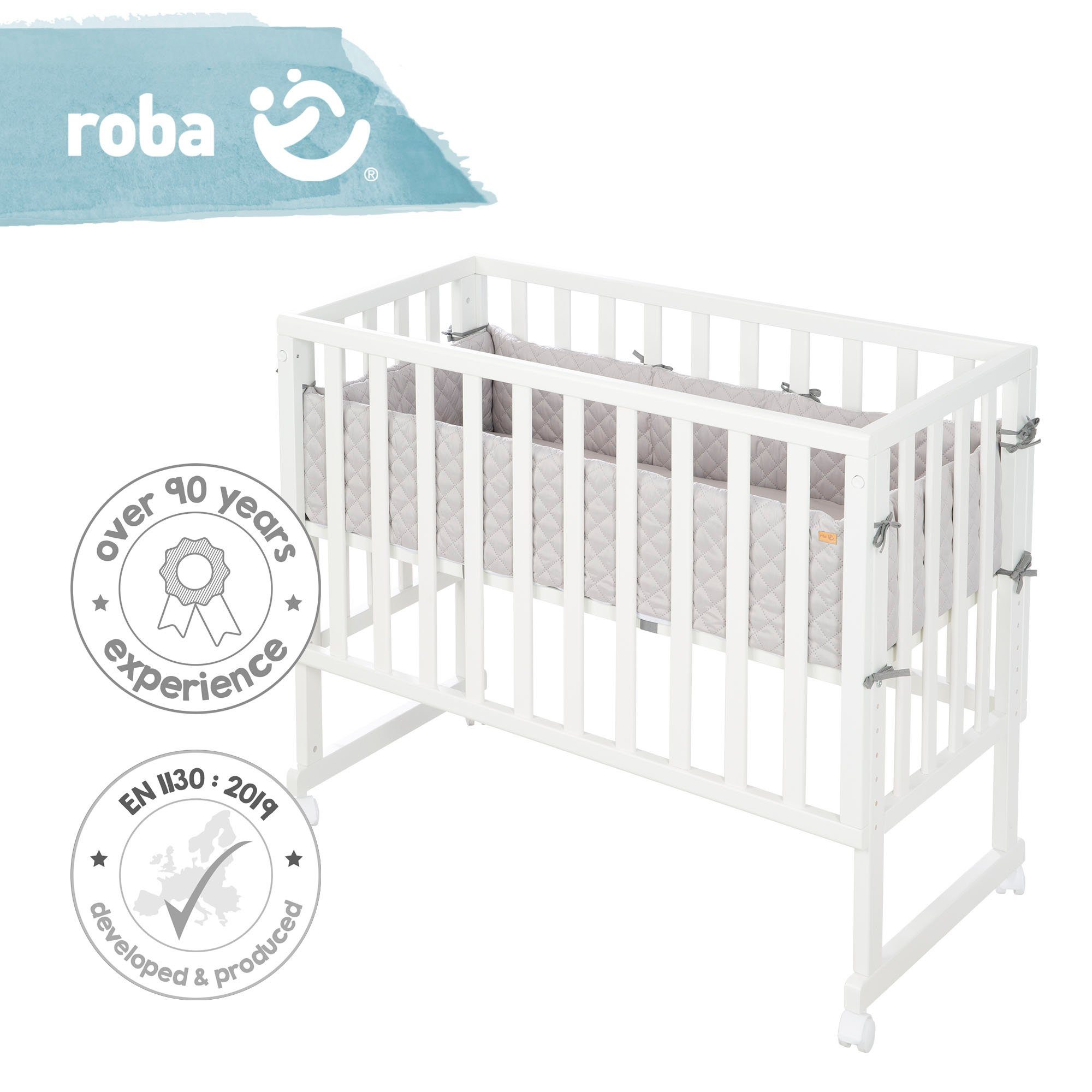 roba® Stubenbett 3in1 roba Style, weiß/silbergrau, mit 4 Rollen, Matratze, Nestchen und Sicherheitsbarriere