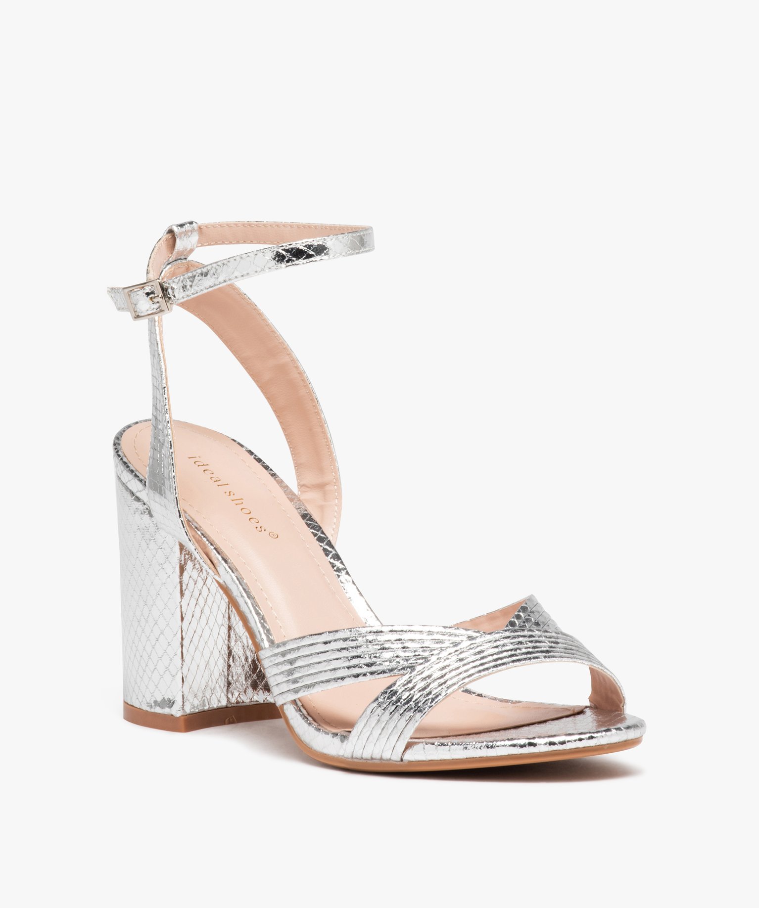 Sandales femme métallisées à talon carré imitation peau ... argent | GEMO