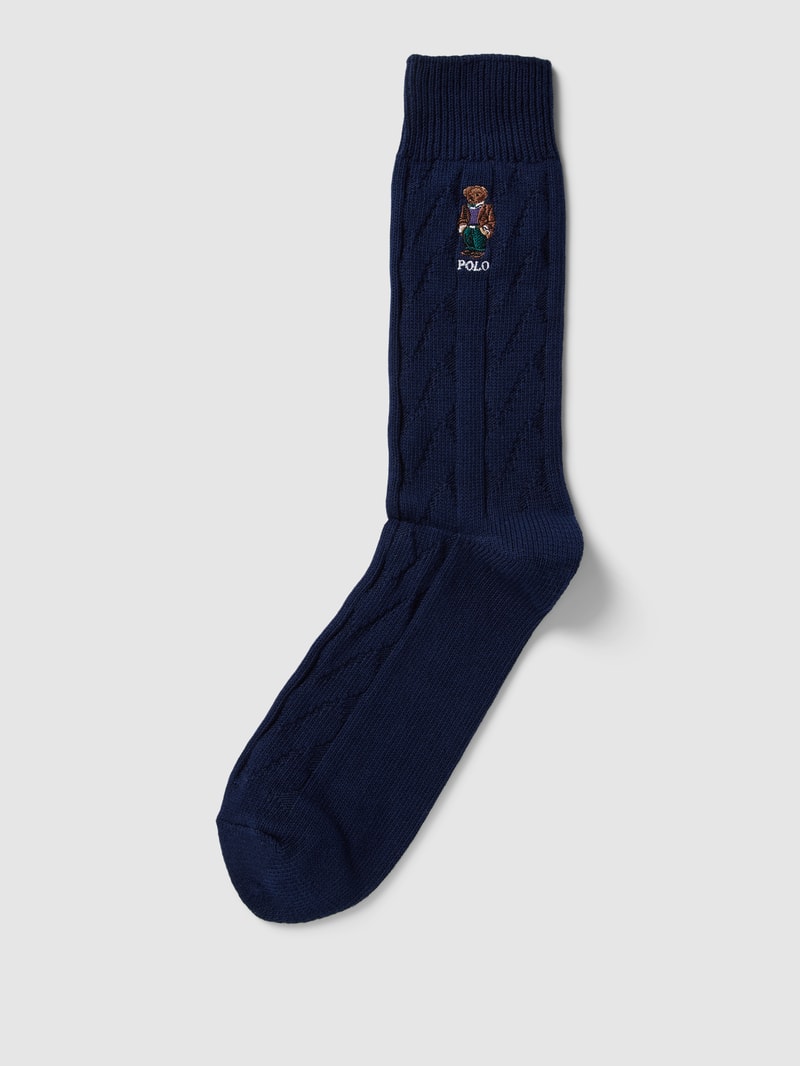 Socken mit Zopfmuster und Motiv-Stitching in dunkelblau