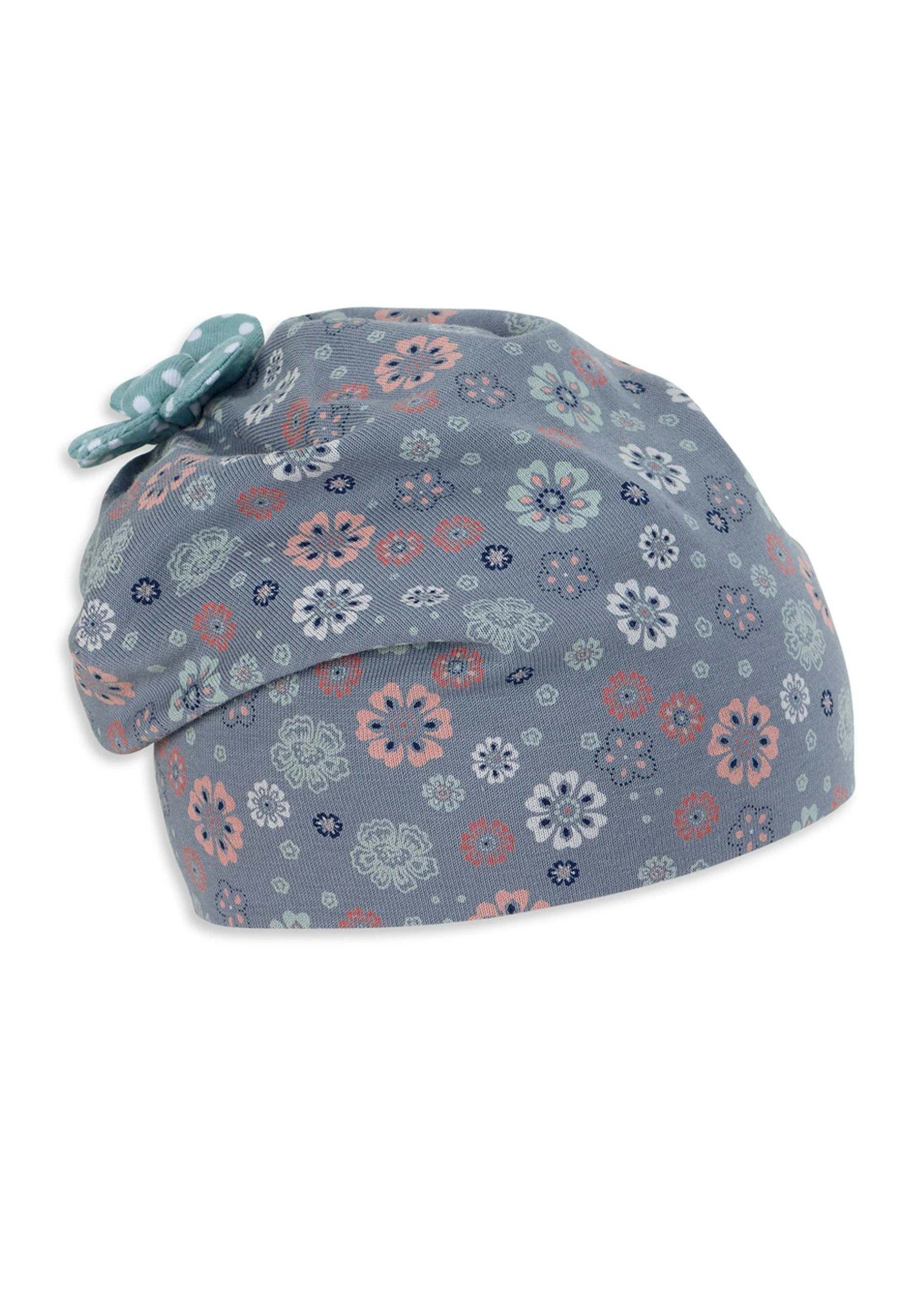 Slouch-Beanie mit Blumenprint in Hellblau und Ecru
