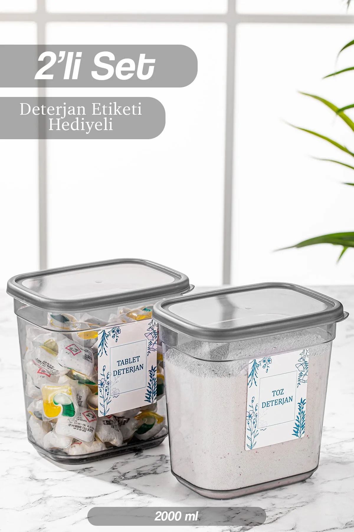 Meleni Home  2-teilige beschriftete Aufbewahrungsbox für Tablettenwaschmittel – Elina-Set mit rechteckigen Aufbewahrungsbehältern – 2000 ml