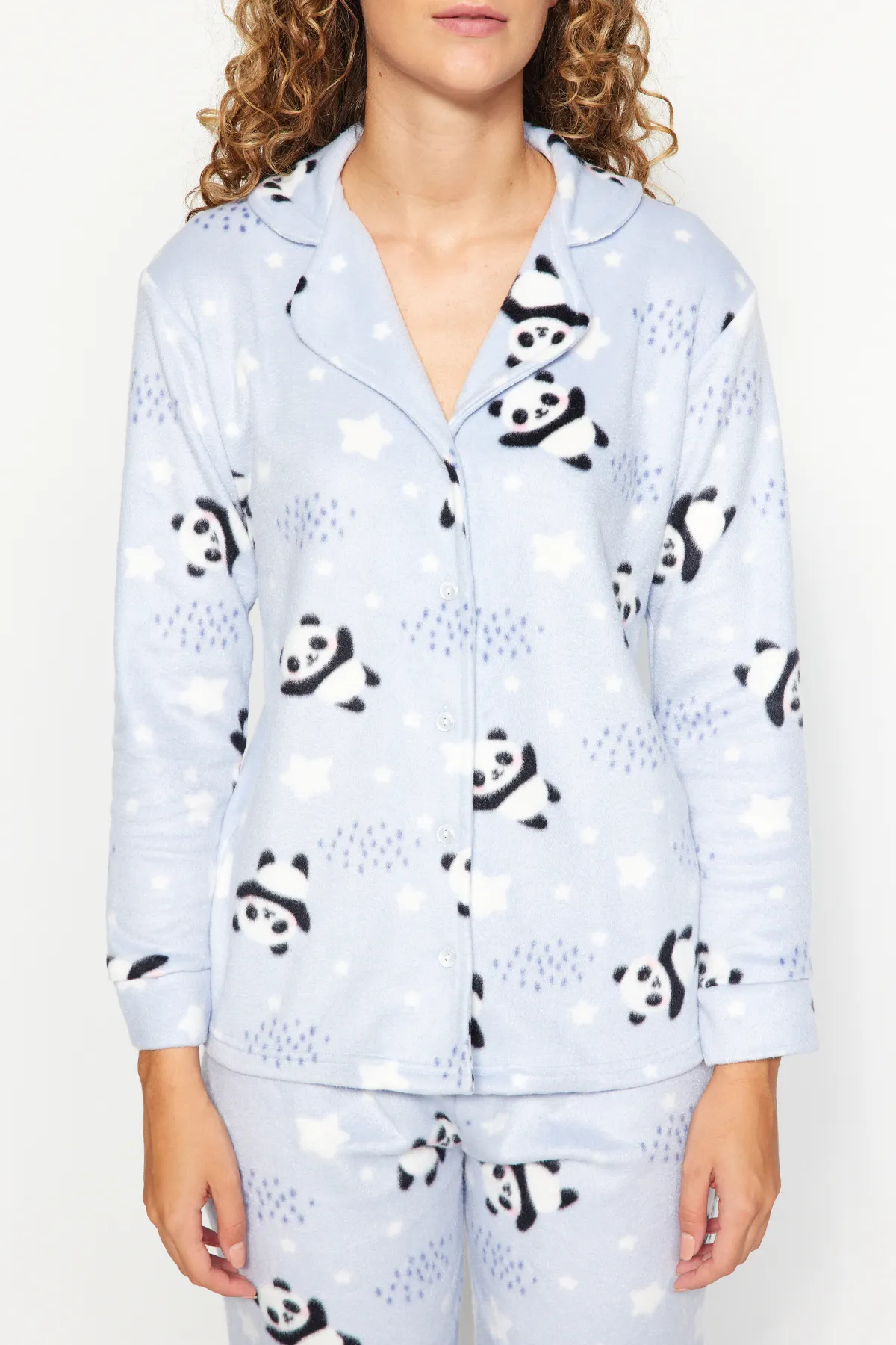 Trendyol Collection  Blaues Pyjama-Set aus Fleece-Strick mit Panda-Muster THMAW22PT0359