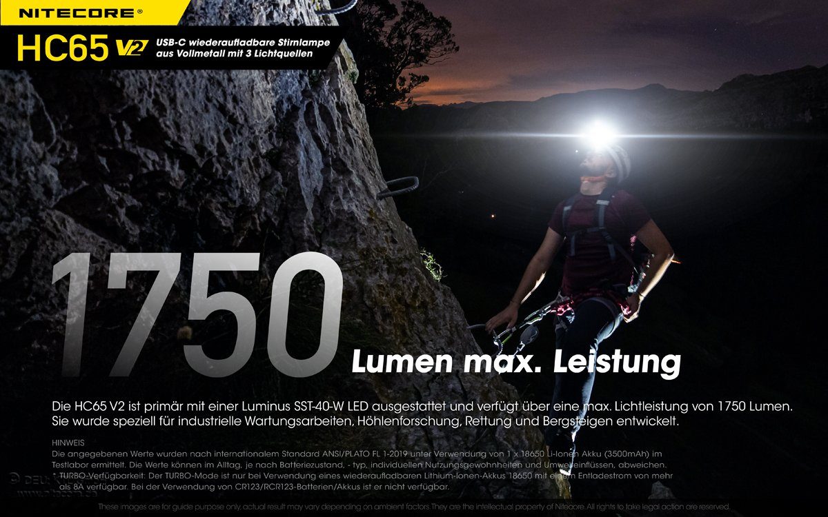 Nitecore LED Stirnlampe HC65 V2 Kopflampe - 1750 Lumen - 3 Lichtquellen Stirnlampe Lampe (1-St)