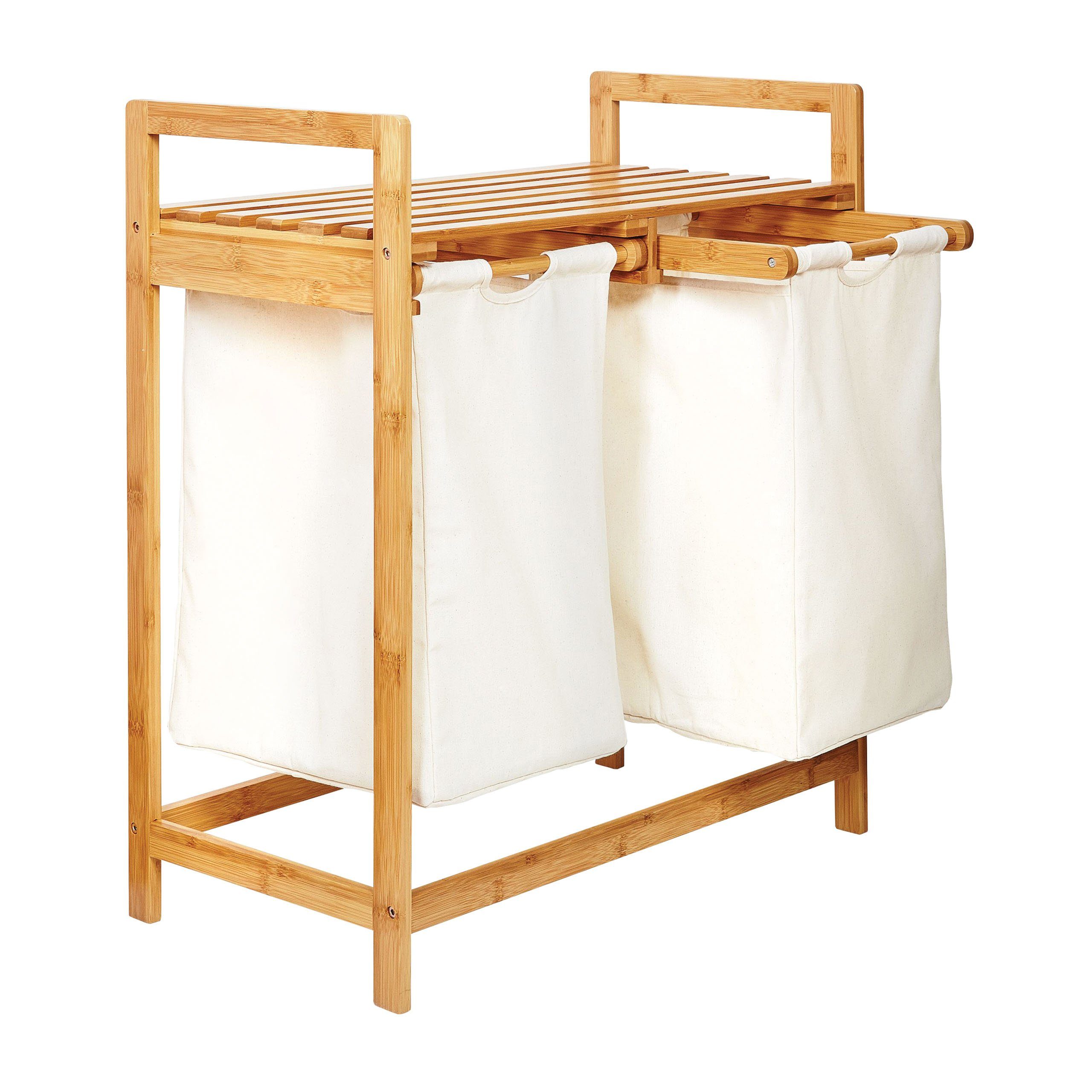 Lumaland Ausziehwäschekorb Bambus 2 Wäschesäcke 73x64x33cm (Sitzbank + Wäschekorb), Wäschesammler inkl. Deckel
