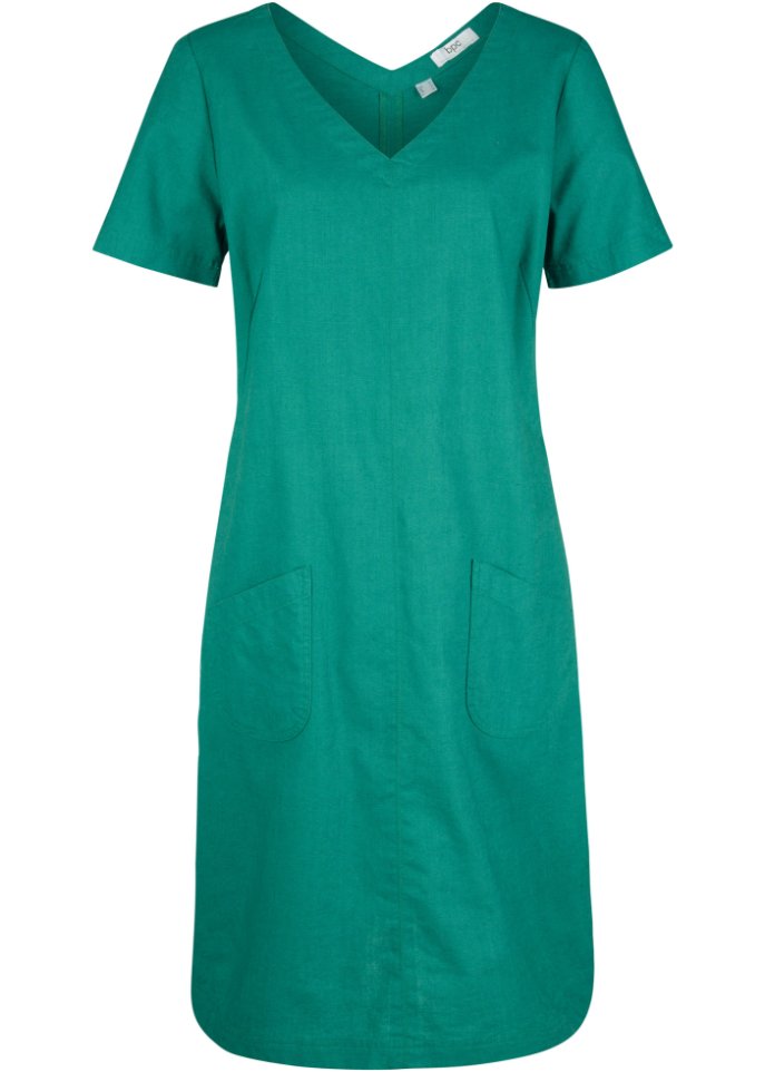 Knielanges Kleid mit Leinen und V-Ausschnitt, Halbarm