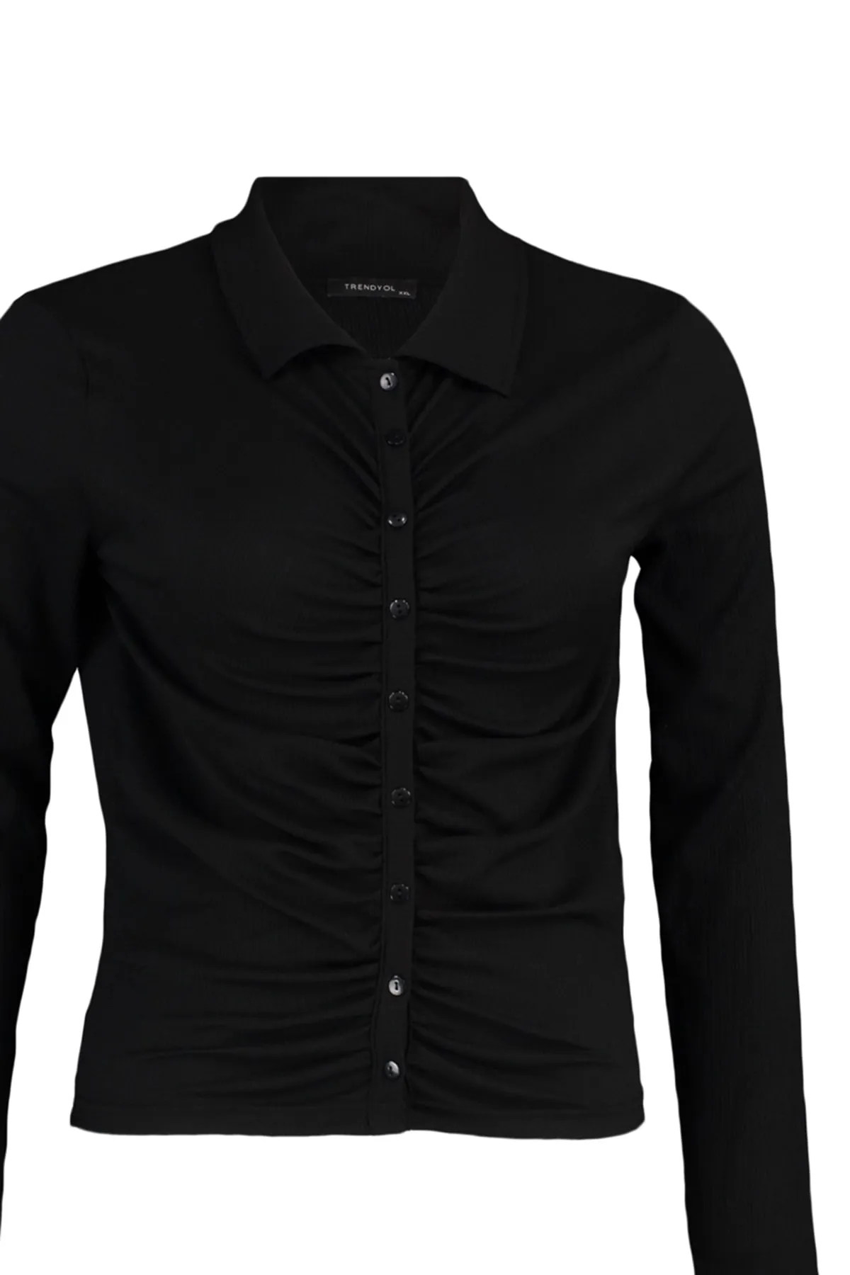Trendyol Curve  Schwarzes, körperbetontes, gerafftes Strickhemd TBBAW23AX00001