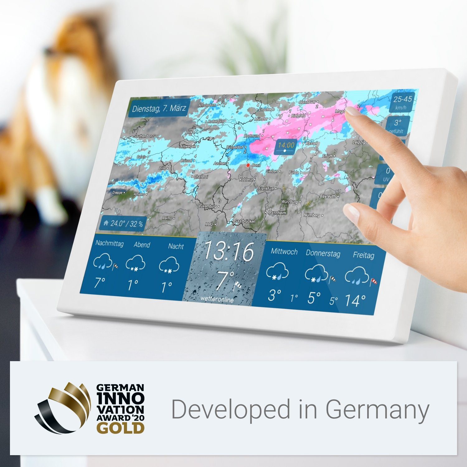 WetterOnline wetteronline home 3 – WetterDisplay mit WetterRadar – mit Innen-Sensor Wetterstation (inkl. Netzteil, USB-Kabel und Schnellstart-Anleitung, neuem Raumklima-Sensor und Premium-Wetterdaten von WetterOnline)