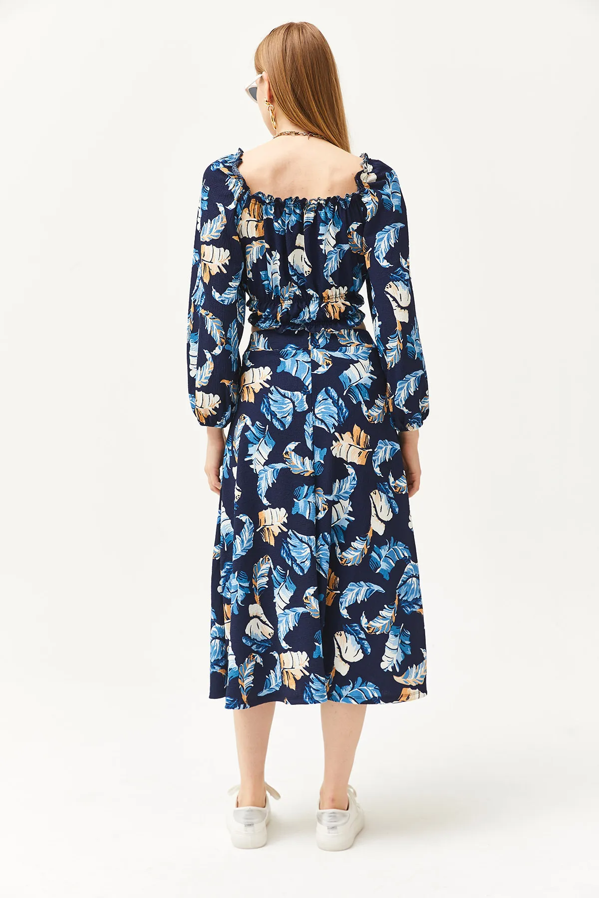 Olalook  Marineblaues Damen-Set aus Oberteil, Bluse, Unterteil und Rock mit Schlitz, TKM-19000188