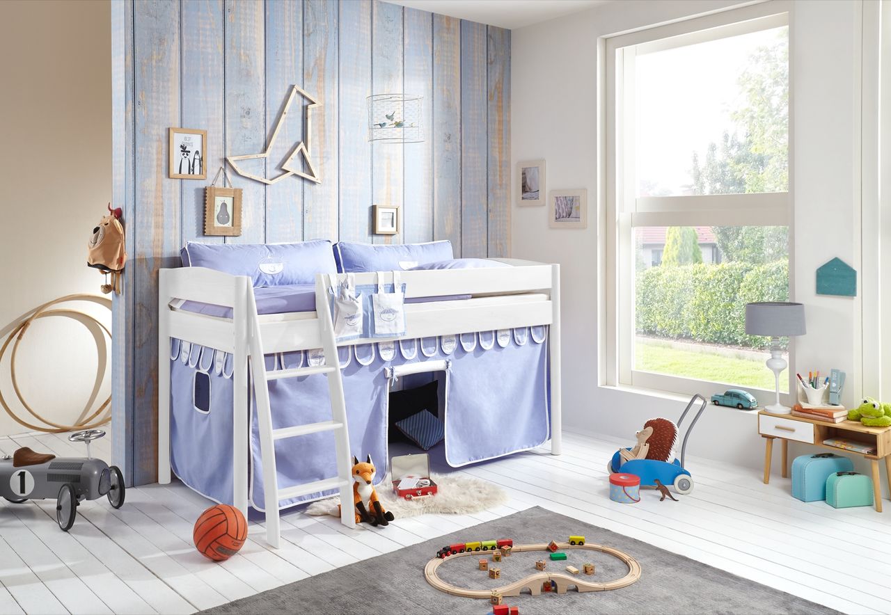 Relita Halbhohes Bett MICHELLE 90x200 cm Buche massiv weiß lackiert, mit Textilset blau/boy
