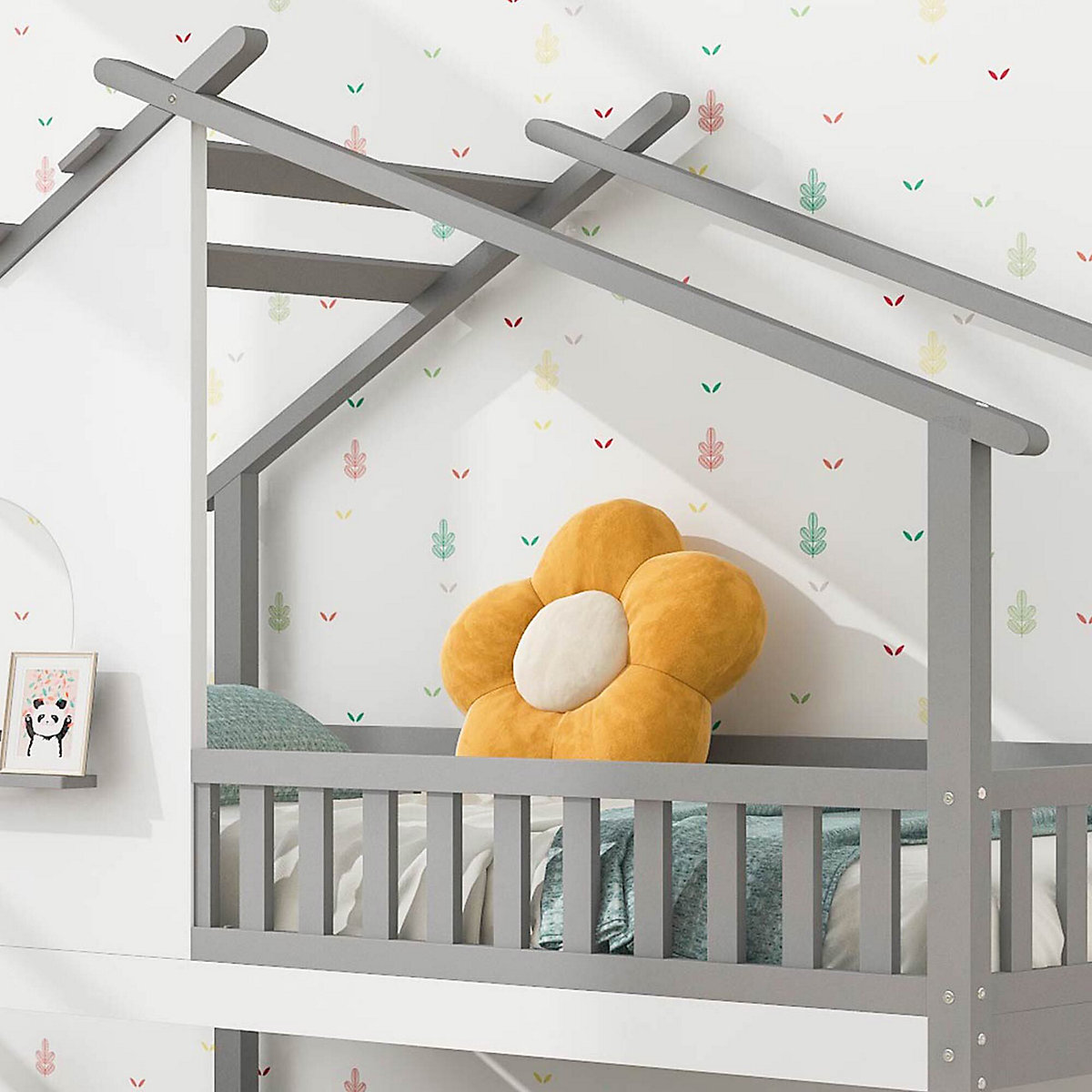 Etagenbett mit rechtwinkliger Leiter, mit Fallschutz und Barriere, Kiefernholz