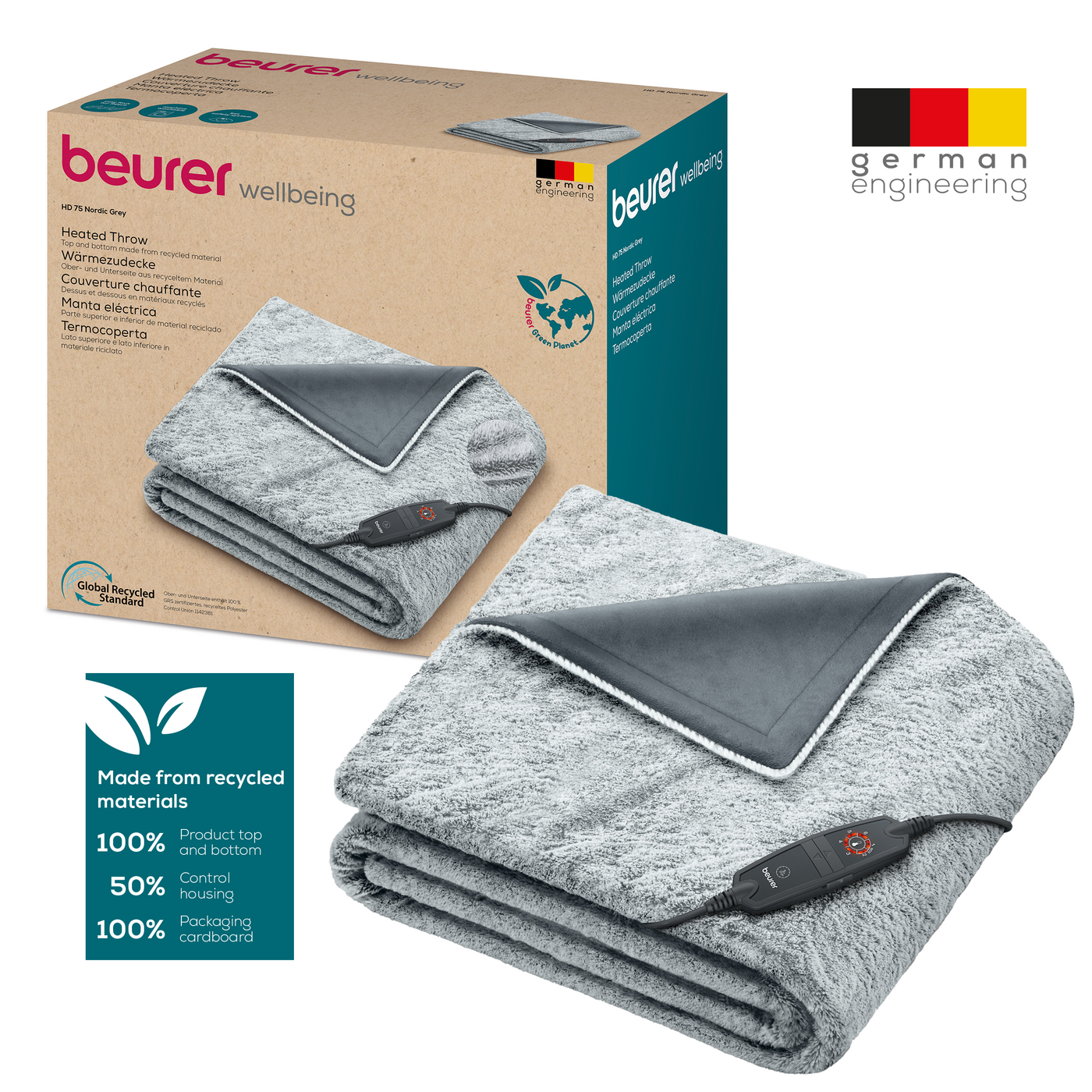 Beurer HD 75 Nordic Grey Green Planet Wärmezudecke-Atmungsaktive Kuschel-Heizdecke in trendigem Grau mit anschmiegsamer Ober- und Unterseite aus 100 % recycletem Material