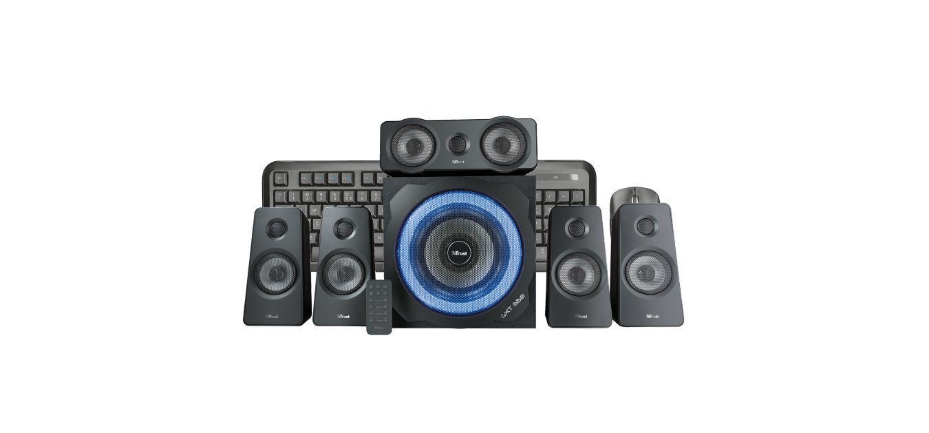 Trust GXT 658 Tytan schwarz 5.1 PC-Lautsprecher (90 W, Kabellose Fernbedienung mit Batterie, Surround Sound, Subwoofer aus Holz, blauer LED-Ring im Lautsprecher reagiert auf die Bassleistung)