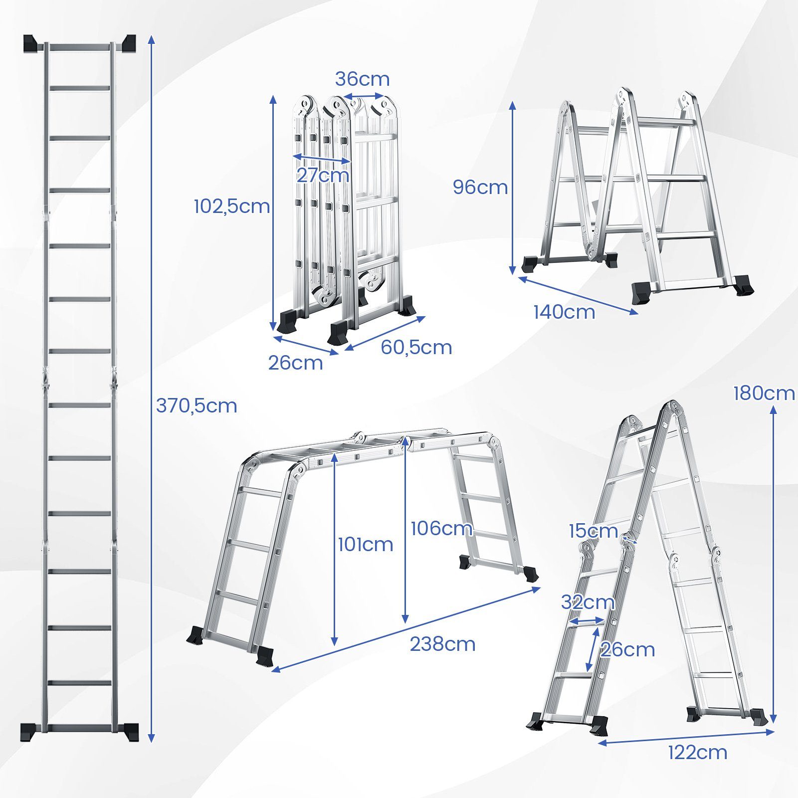 COSTWAY Vielzweckleiter, Aluminium, 7in1, Länge bis 370,5cm, Klappbar, 150 kg