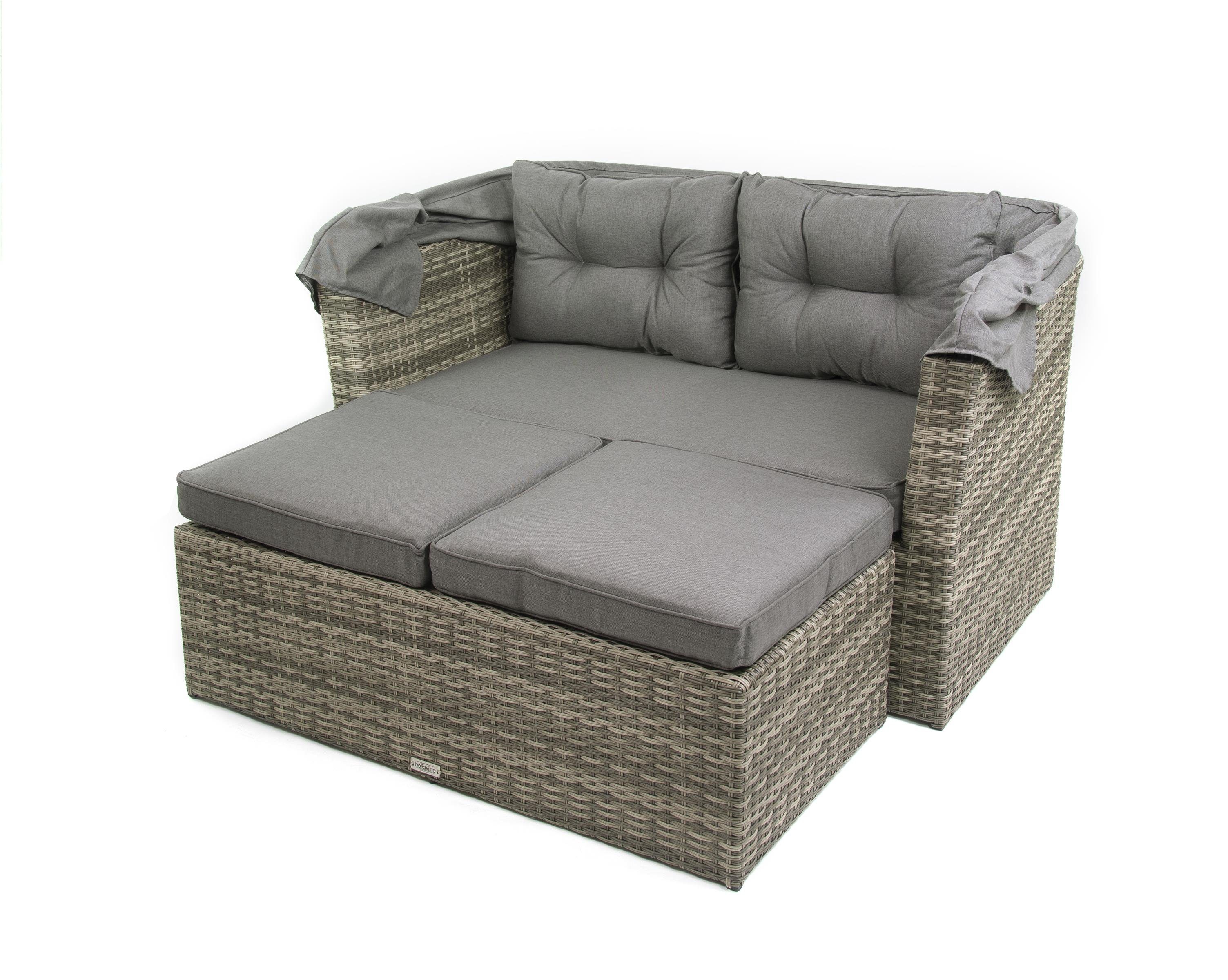 bellavista - Home&Garden® Strandkorb Multifunktionslounge - Strandkorb Long Island, BxTxH: 145x80x152 cm, Modern, (Set, 7-tlg., inkl. Sitz und Rückenkissen), 2-sitzer Sofa ca. 145x80x80,5cm (BxTxH) und 145x80x152cm (BxTxH) mit aufgeklapptem Dach, Fuß