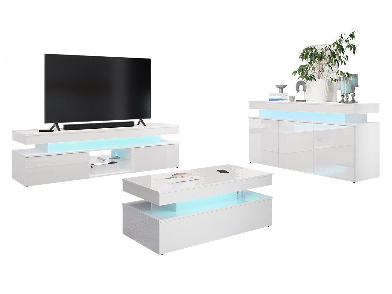 Mirjan24 Wohnzimmer-Set Glossa I, (3er-Set, Kommode, TV-Lowboard, Couchtisch), mit blauer LED-Beleuchtung