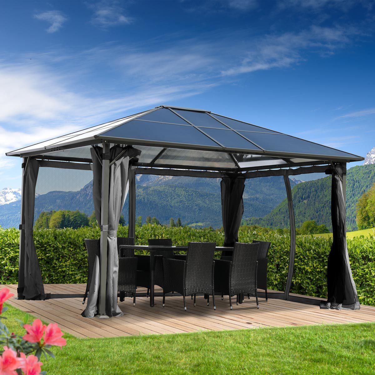 BRAST Pavillon Premium Aluminium Größen 3x4m 3,6x4,8m Moskitonetz, LED TÜV geprüft wasserdicht UV-Schutz festes Dach