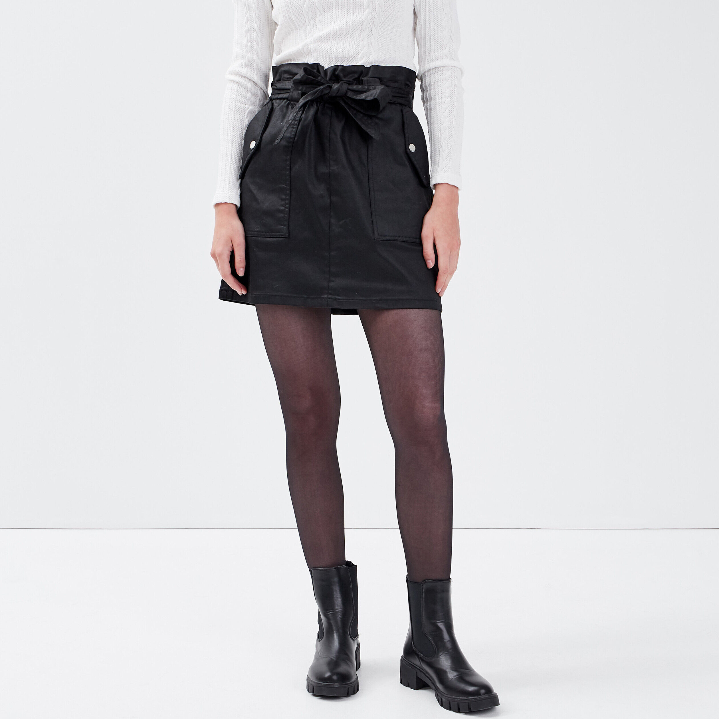 Jupe paperbag enduite noir femme | Cache Cache