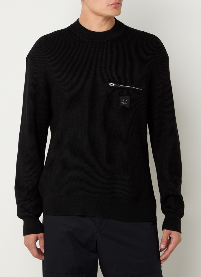 Armani Exchange Rib-knit sweater in virgin wool blend with chest pocket and logo