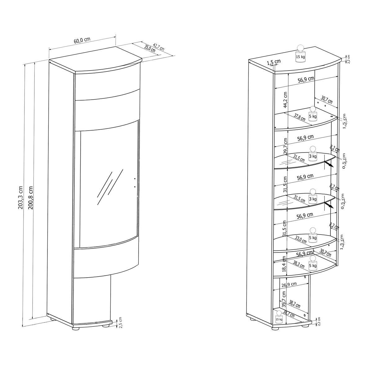 möbelando Wohnwand Gate, Moderne Wohnwand, Front aus MDF in Weiß Hochglanz, Korpus aus melaminharzbeschichteter Spanplatte in Anthrazit, bestehend aus 1 TV-Lowboard, 1 Wandboard und 2 Vitrinen, mit insgesamt 2 Türen, 7 Schubladen und 9 Einlegeböden,