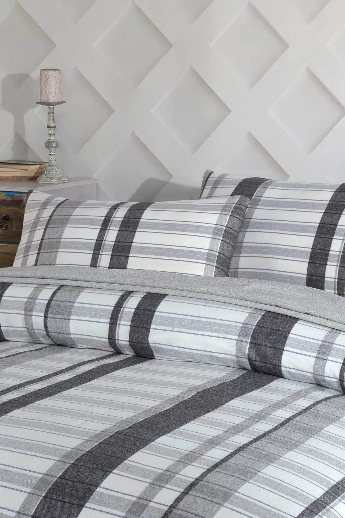 Elart  Bettbezug-Set für Doppelbett, Winter, Baumwolle, 4-teilig, Flanell, kariert, Grau