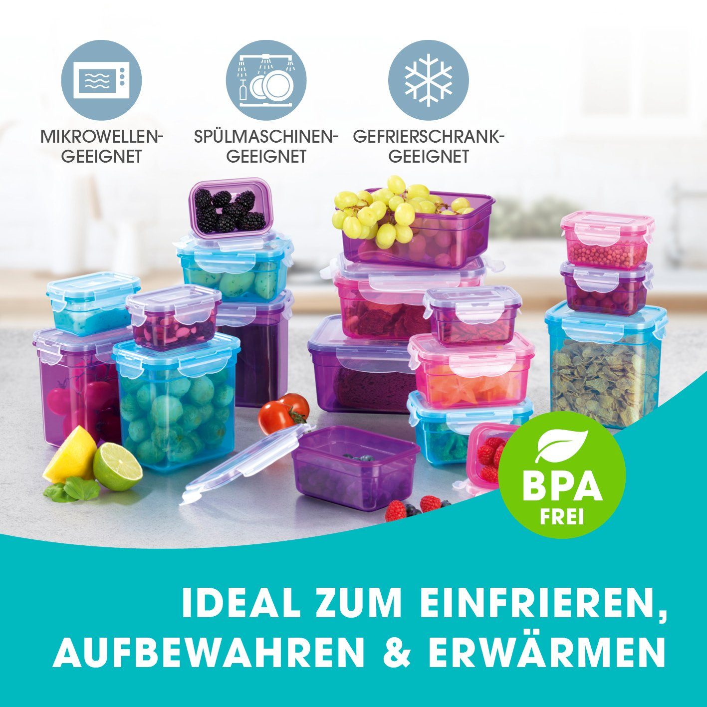 GOURMETmaxx Frischhaltedose Vorratsdose Lunchbox klick-it 3 Farben auslaufsicher, (18er Set, 36-tlg), geeignet für Spülmaschine, Gefrierschrank und Mikrowelle, stapelbar