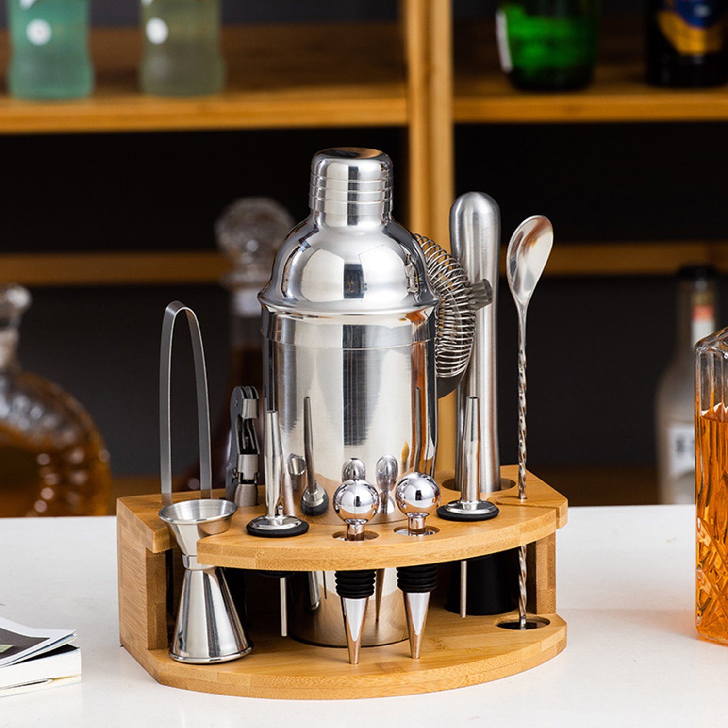Kpaloft Cocktail Shaker, Edelstahl, (12-tlg), 750ml Shaker Set Bambusständer