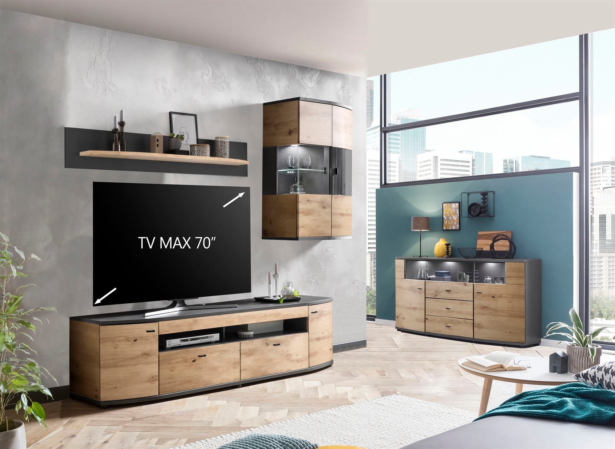 58 aufm Kessel Wohnwand Wohnkombination Jacinthe 235x200x46 Eiche/Anthrazit/Anthrazit HG 10184, (Komplettset, 3-St), Türen mit Selbsteinzug und Dämpfung