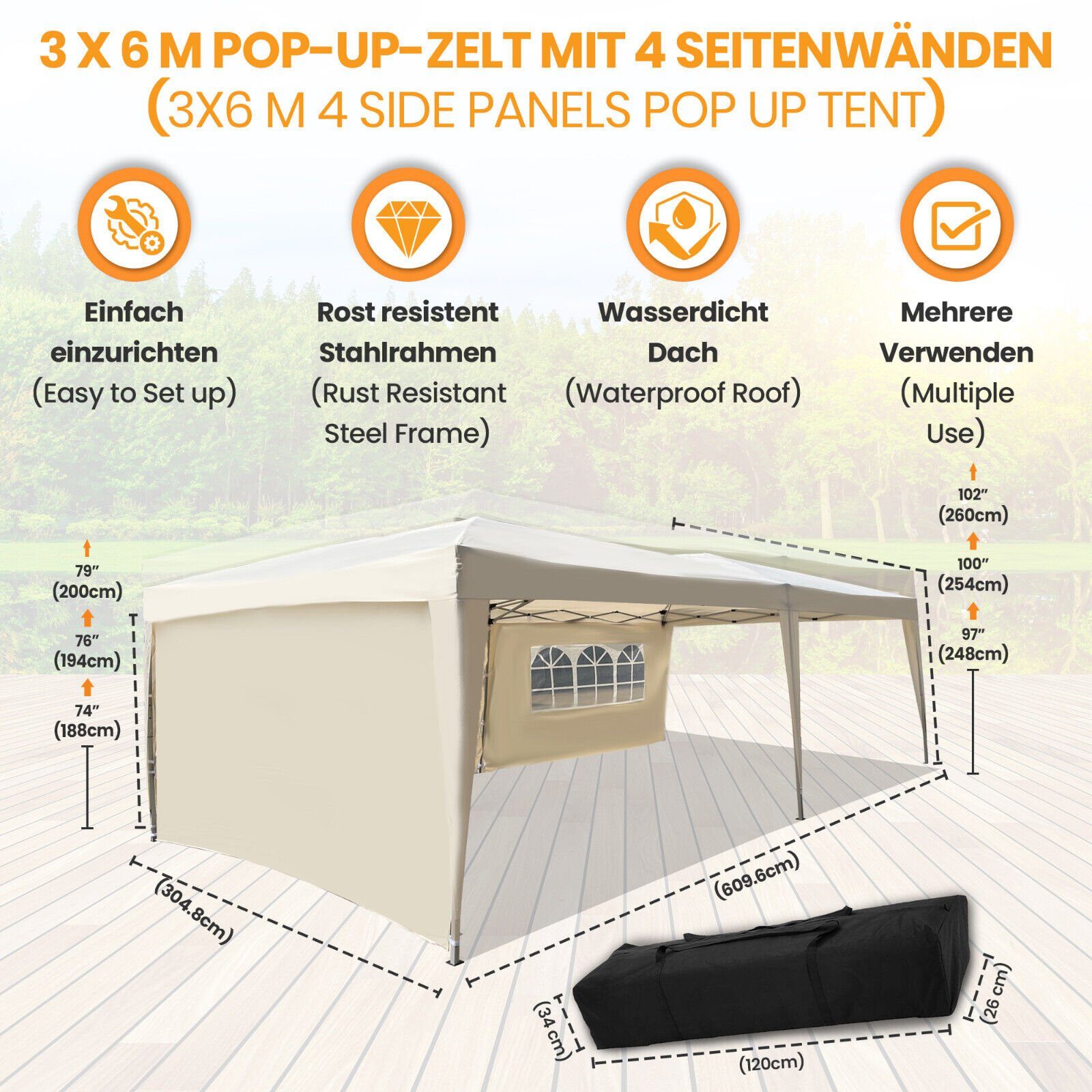 Defactoshop Faltpavillon Pavillon Faltpavillon 3x6m Partyzelt Gartenzelt Klappzelt, mit 3 Seitenteilen, 300x600 cm