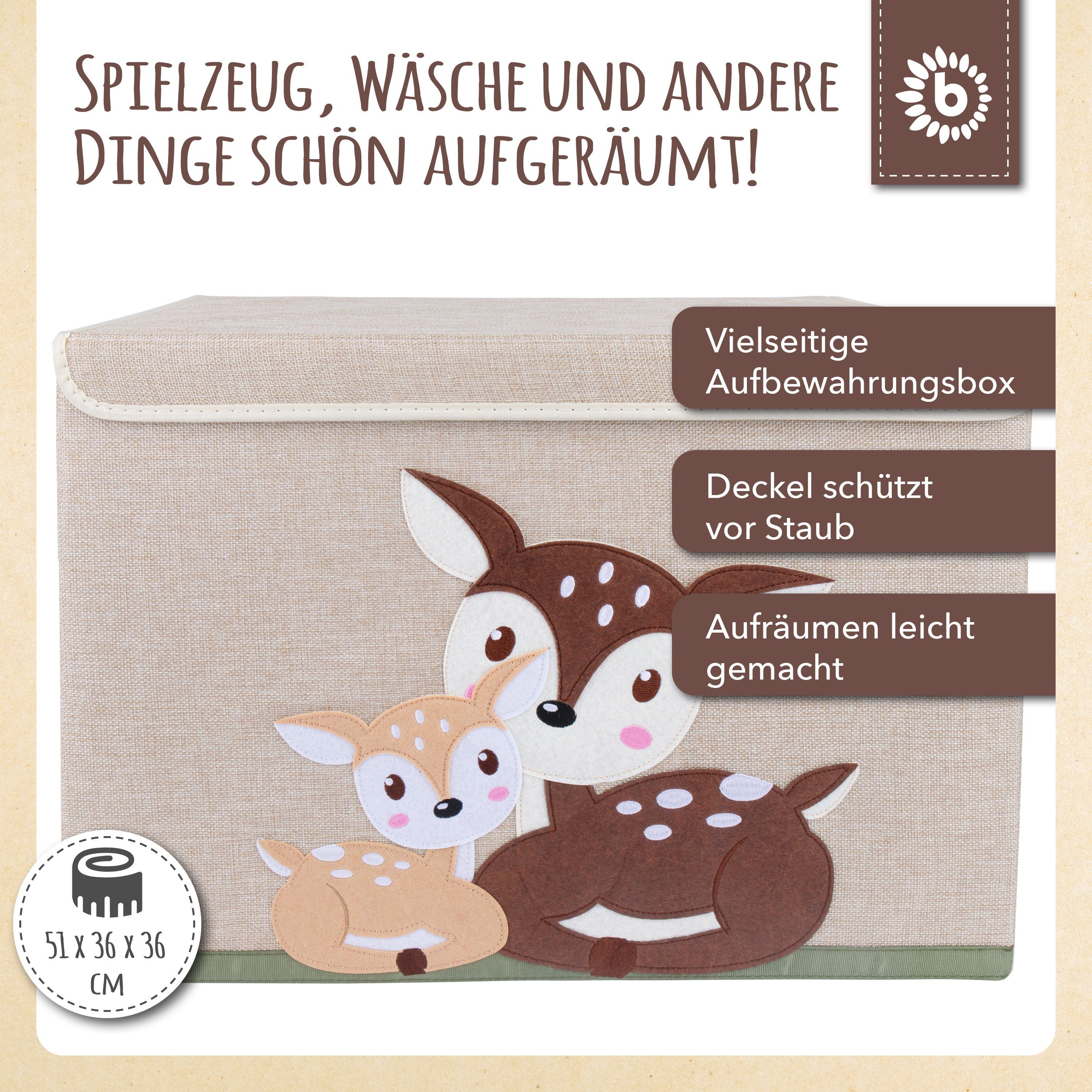 BIECO Spielzeugtruhe Bieco Aufbewahrungsbox mit Deckel 65L faltbar ca. 36x36x51cm Spielzeugkiste mit Deckel Aufbewahrungsbox Kinder Kisten mit Deckel Aufbewahrungsbox Groß Wickeltisch Organizer Reh Motiv