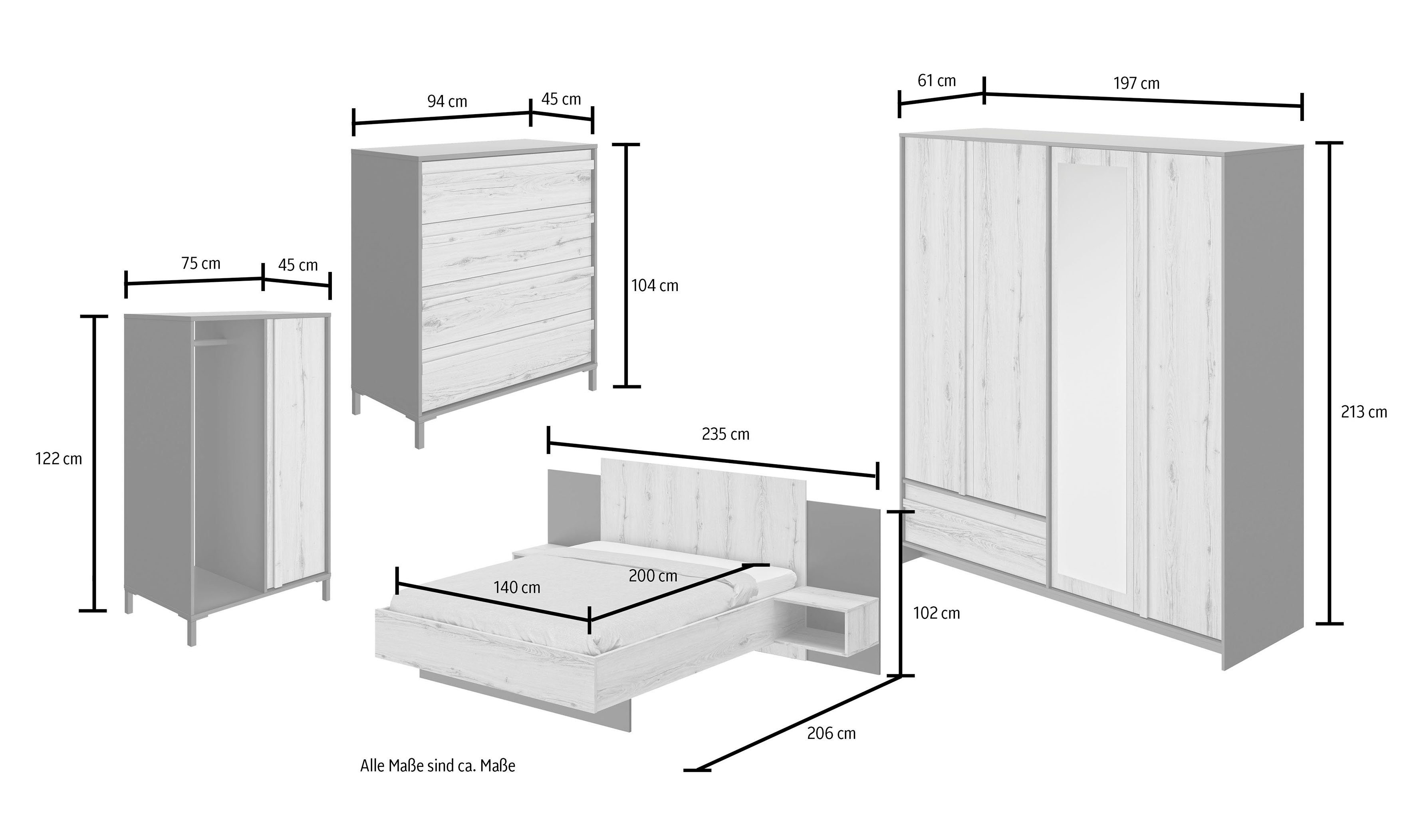 Gami Schlafzimmer-Set Mimizan, (4-St., Bett, 2x Nachttische, Kleiderschrank, Kommode, Garderobenschrank)