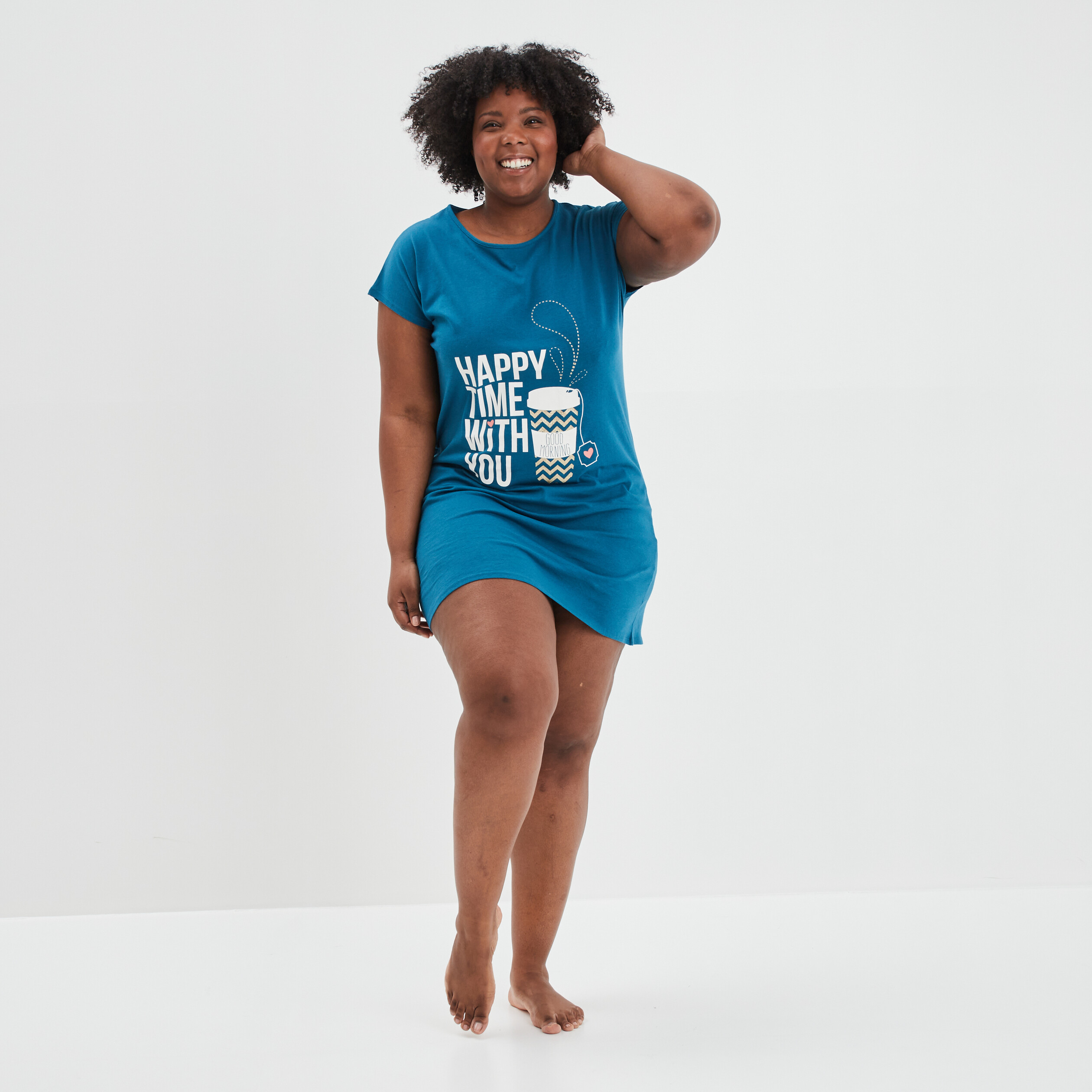 Chemise de nuit droite courte coton bleu canard femme grande taille | La Halle