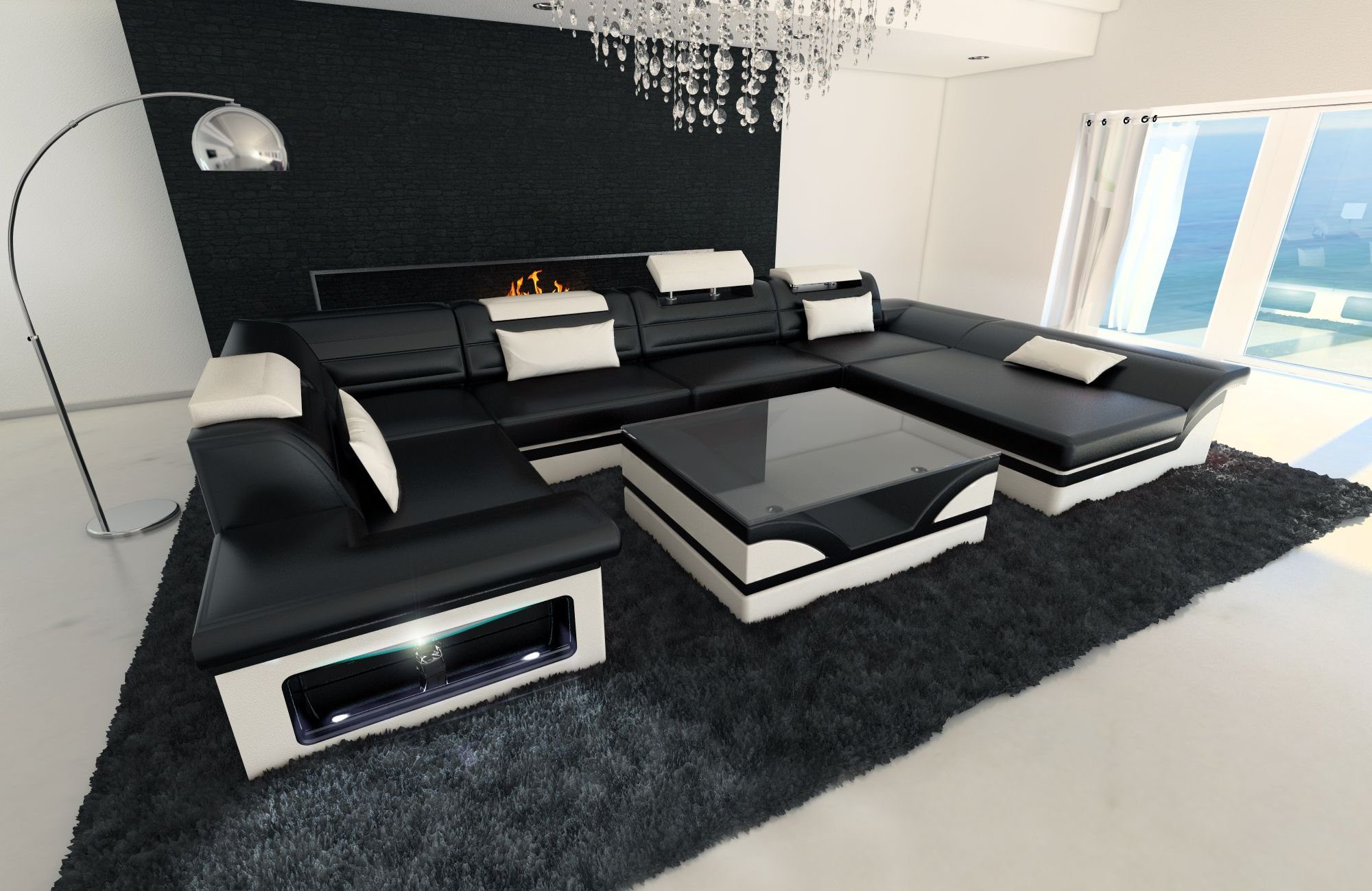 Sofa Dreams Wohnlandschaft Sofa Ledercouch Leder Enzo U Form Ledersofa, Couch, mit LED, wahlweise mit Bettfunktion als Schlafsofa, Designersofa