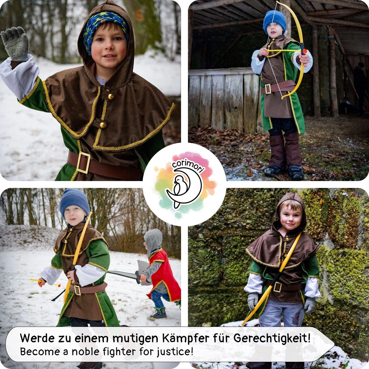 Corimori Ritter-Kostüm Robin Hood Karnevalskostüm Set, Kinder, braun/grün, Kostüm, Fasching, Mittelalterfest, Jungen, mit Pfeil und Bogen