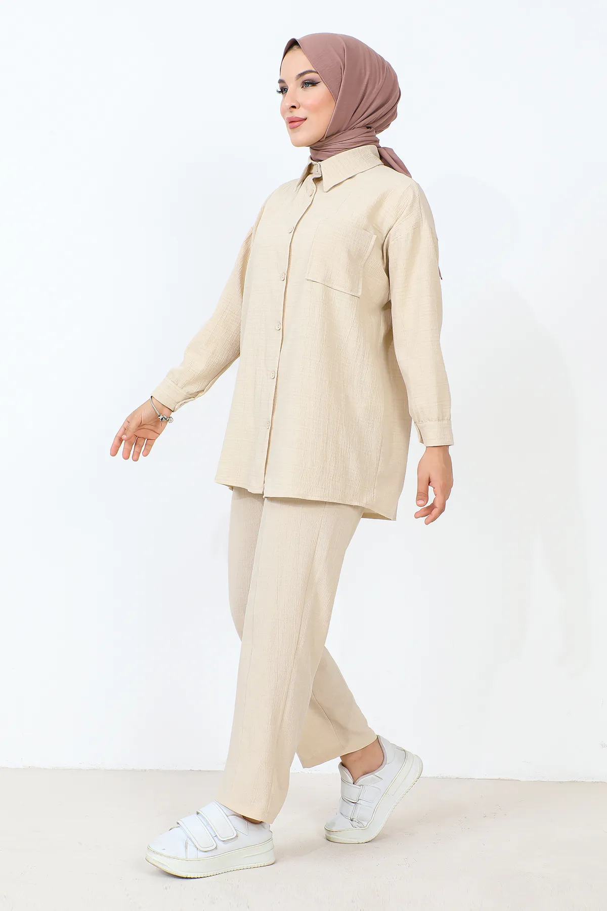 Tesettür Dünyası  Doppelter Anzug mit Taschendetail TSD231009 Beige