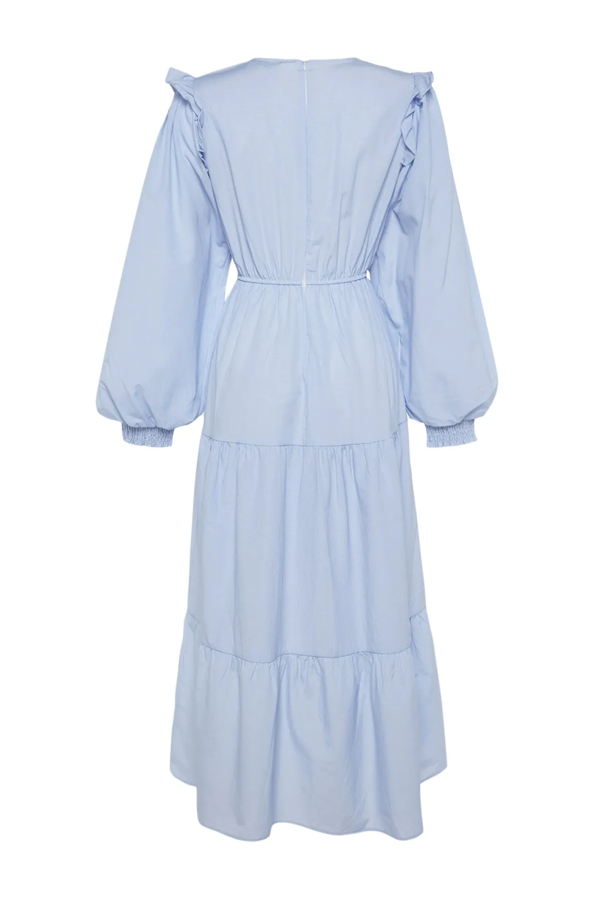 Trendyol Modest  Blaues, gestreiftes, gewebtes Kleid mit Rüschen an den Schultern und Manschetten TCTSS23EB00019