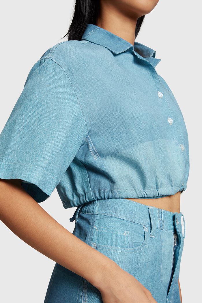 Gecroppte Bluse mit Denim-Print