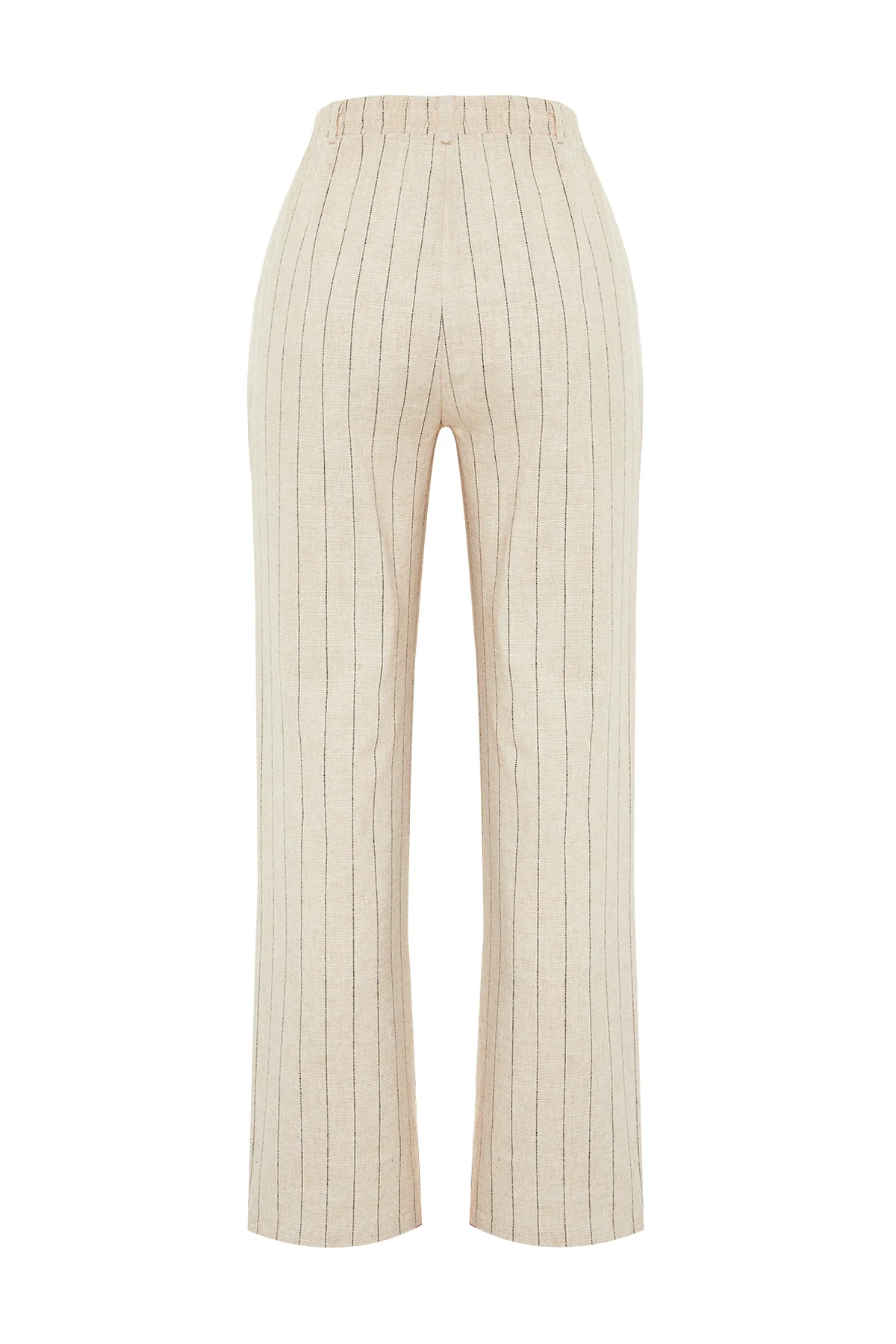 Trendyol Collection  Beige gestreifte, elastische Taillentasche, gerade geschnittene Hose aus gewebtem Baumwollleinen TWOSS24PL00055