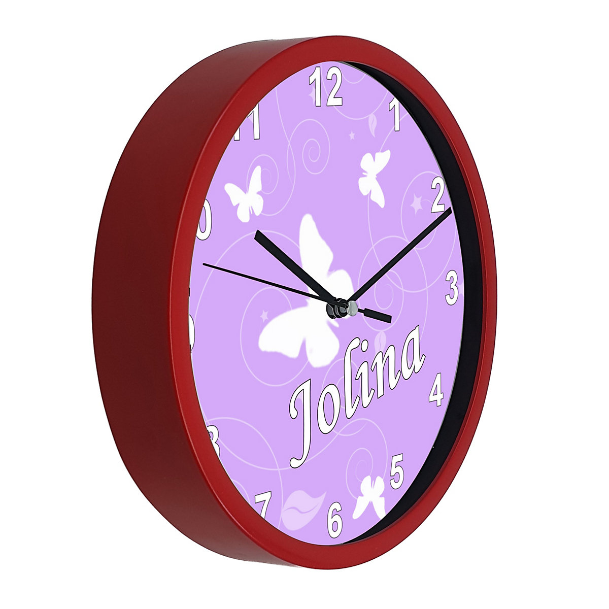 Kinder Wanduhr laufruhig personalisiert mit Name Schmetterling Flieder