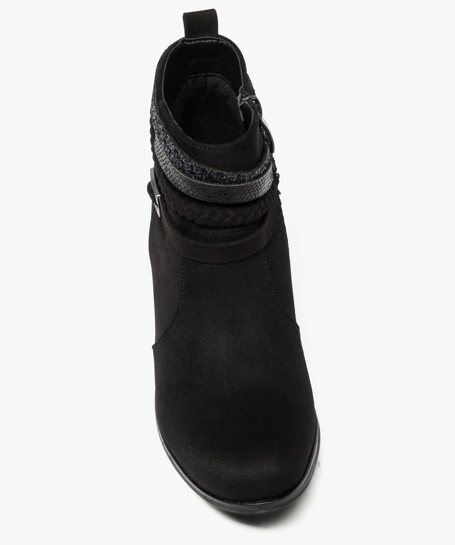 Boots femme en suédine unie avec brides fantaisie noir | GEMO
