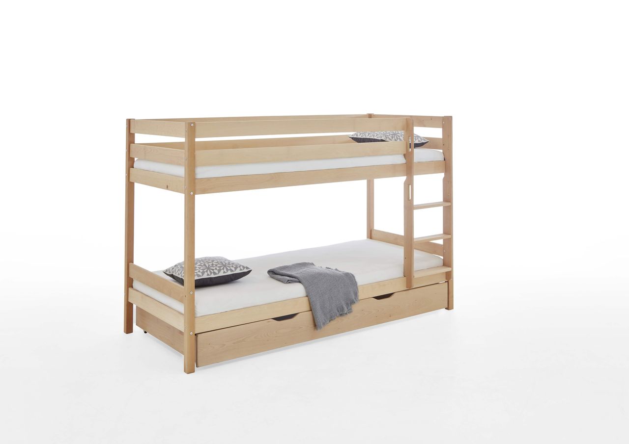 Relita Etagenbett Lupo mit 2 Liegeflächen 90 x 200 cm und Bettschublade, inkl. 2 Rolllattenroste und 2 Matratzen Allergena Med., Ausf. Buche massiv geölt