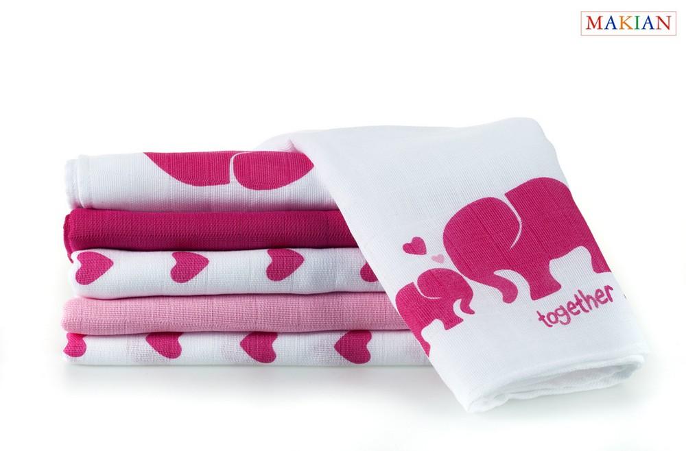 Makian Mullwindeln, 6er Set, Design Elefant/rosa, 80x80cm