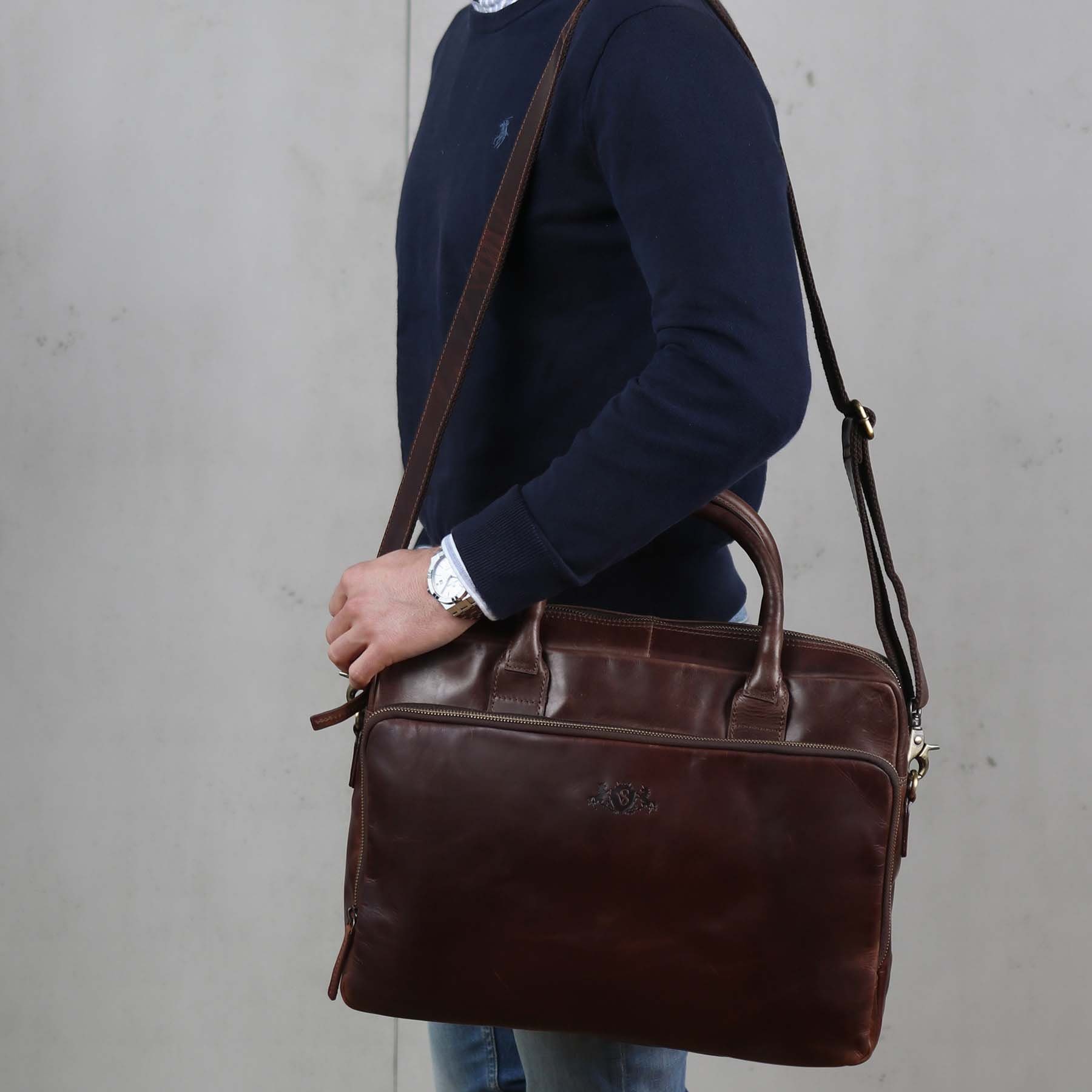 SID & VAIN Laptoptasche Leder Businesstasche Unisex RYAN, Laptoptasche 15,4 Zoll, Aktentasche Echtleder Damen Herren braun