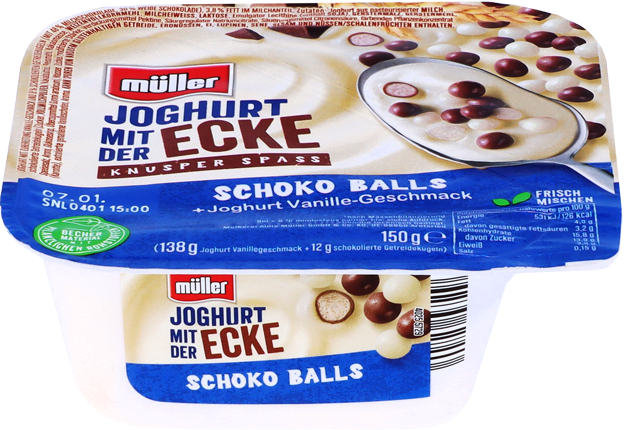 Müller Joghurt mit der Ecke Schoko Balls